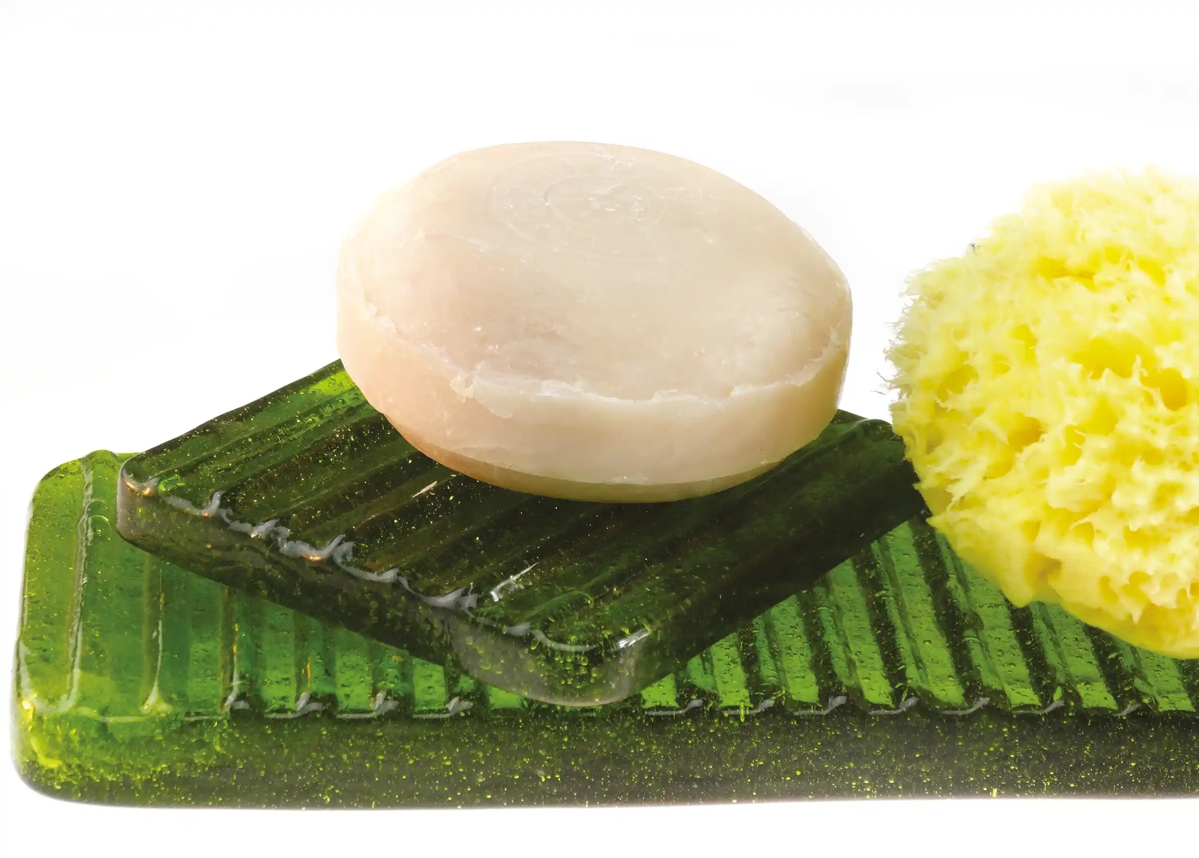 Ice recycled glass soap dish with ayurvedic soap and sea sponge