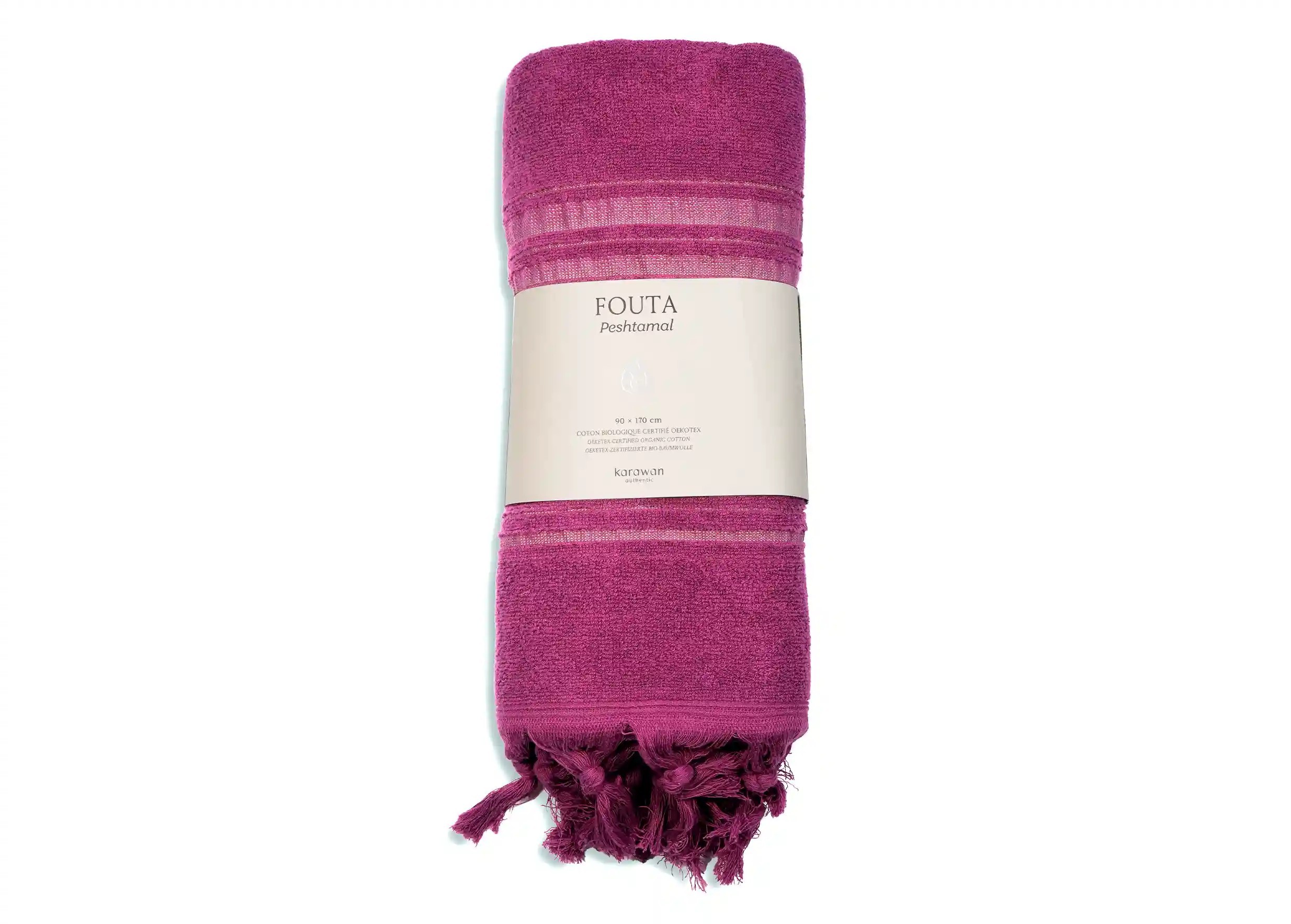 Amethyst-coloured Dolce fouta in organic cotton, packshot photo with packaging band