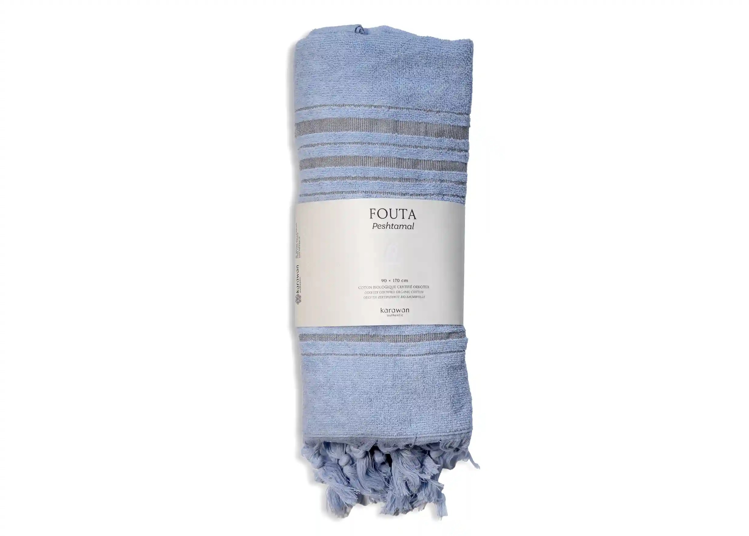 Dolce fouta coton bio coloris azurine, photo prise en packshot avec bandeau packaging
