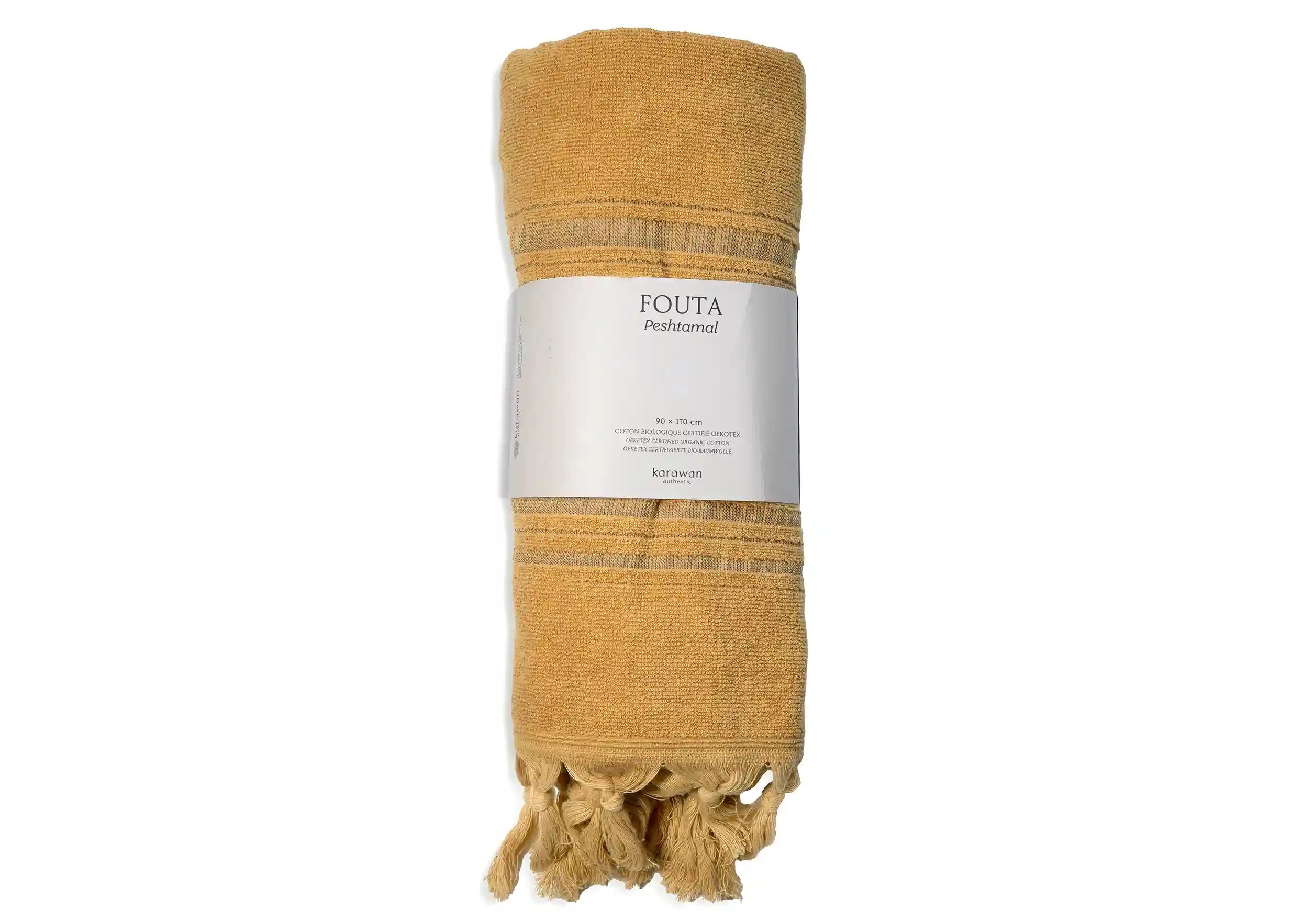 Dolce fouta coton bio coloris citrine, photo prise en packshot avec bandeau packaging