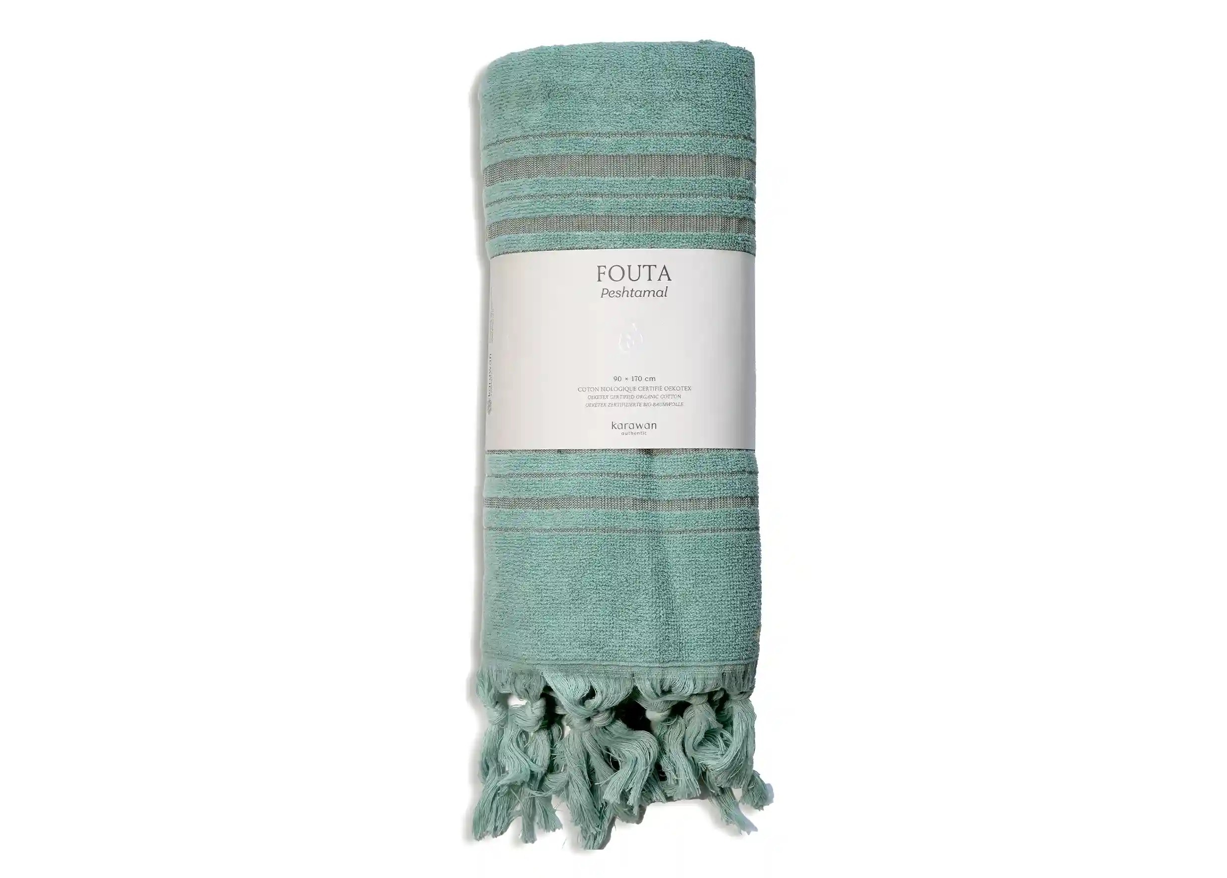 Dolce fouta coton bio jade, photo prise en packshot avec bandeau packaging