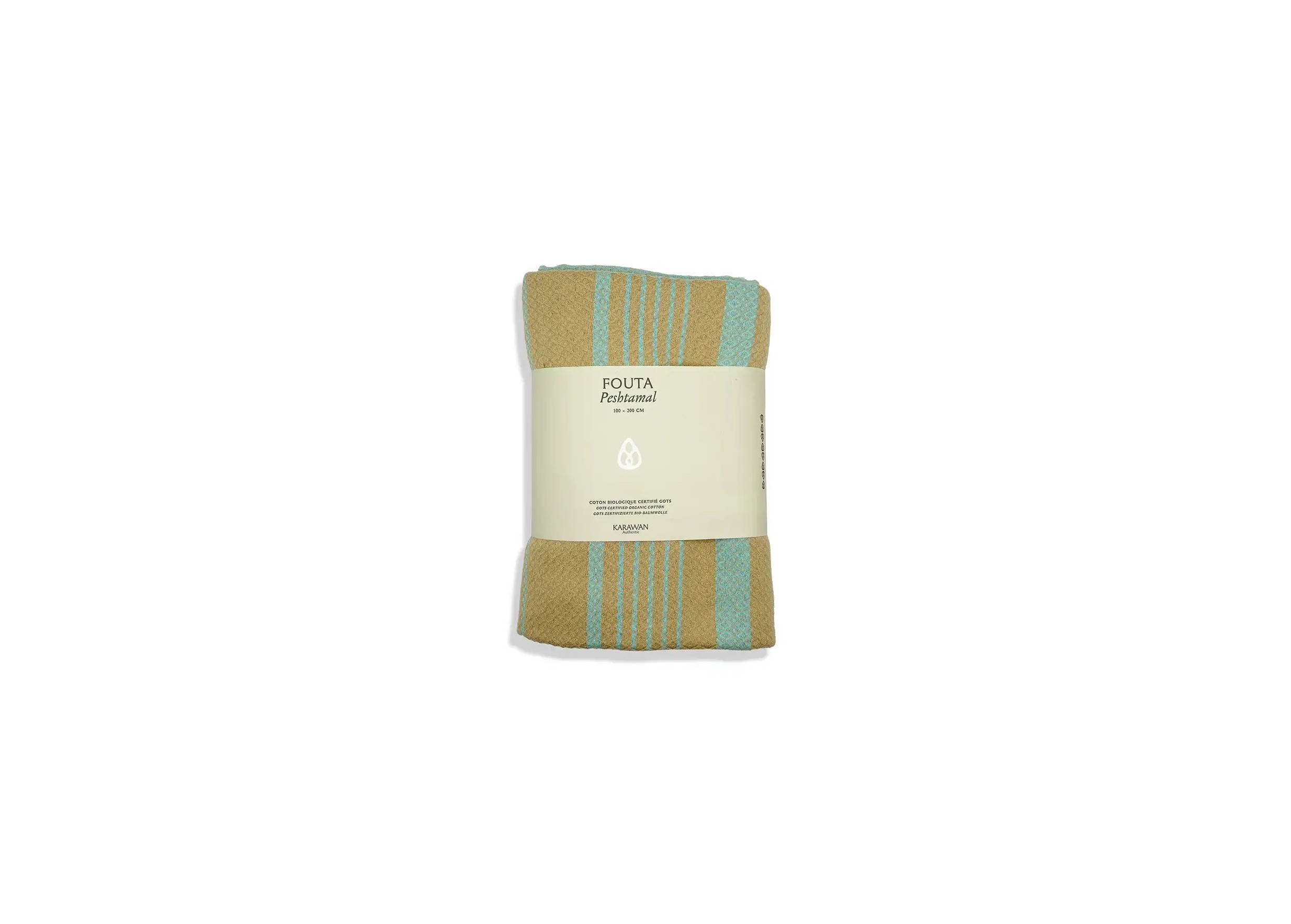 Aquasky-coloured organic cotton towel from the Sand collection, packshot with packaging band