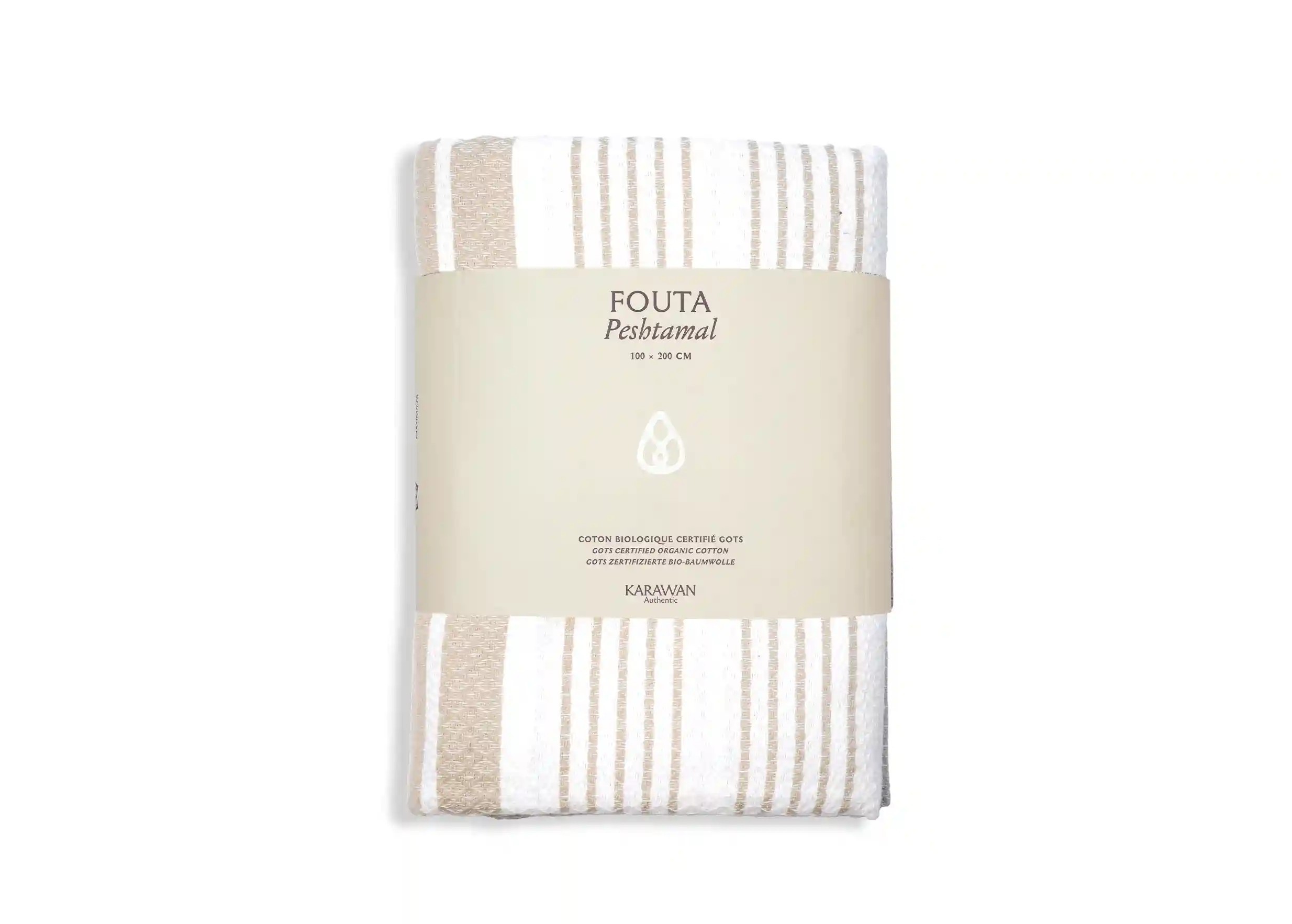 Fouta coton bio Ginger White Sand, photo prise en packshot avec bandeau packaging