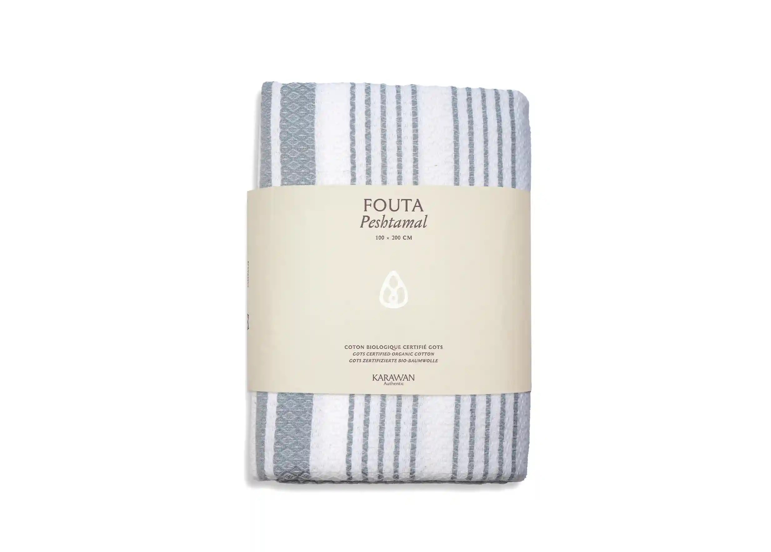 Fouta coton bio Mirage White Sand, photo prise en packshot avec bandeau packaging