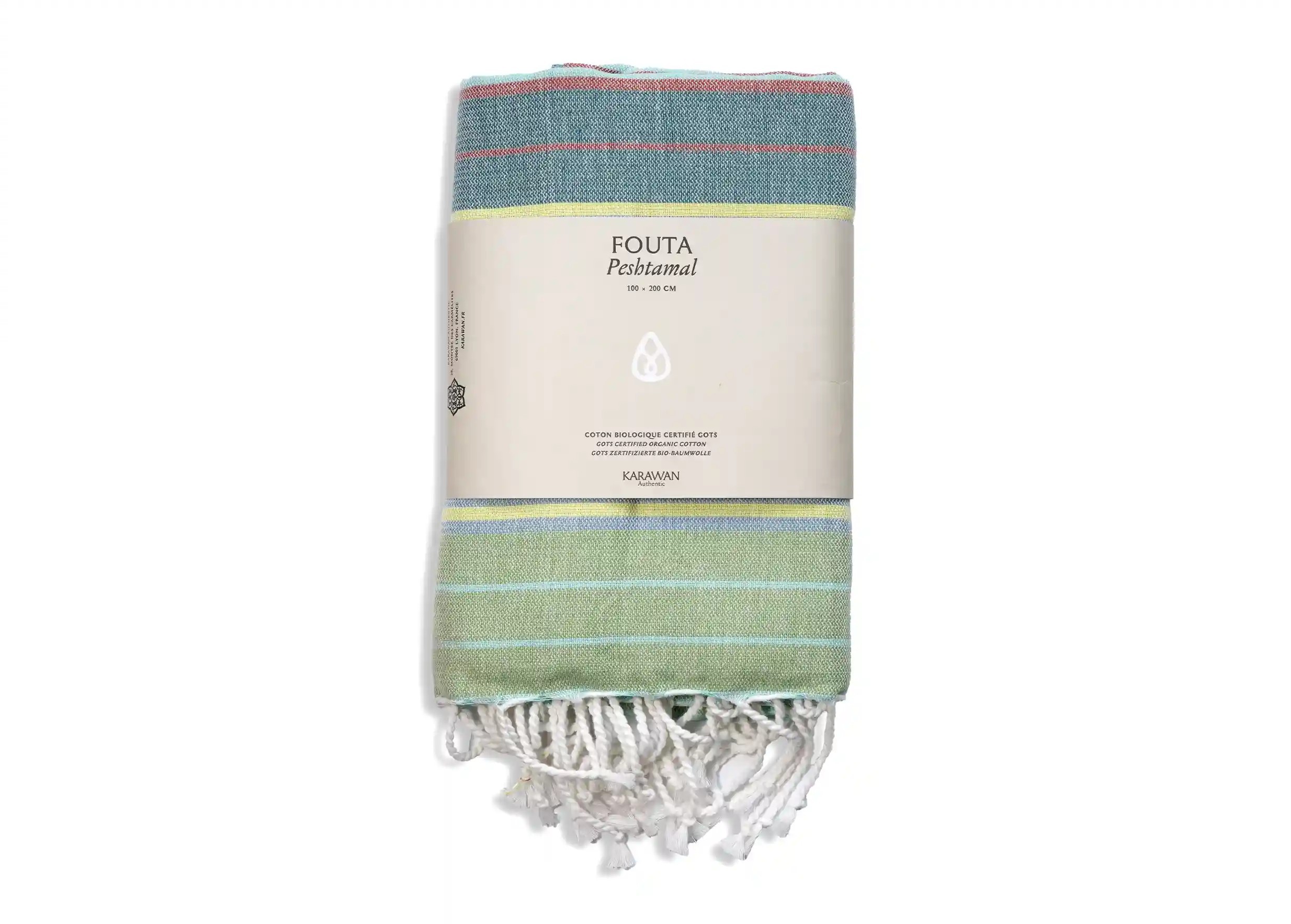 Fouta coton bio Adriatic de la collection Sud, photo prise en packshot avec bandeau packaging