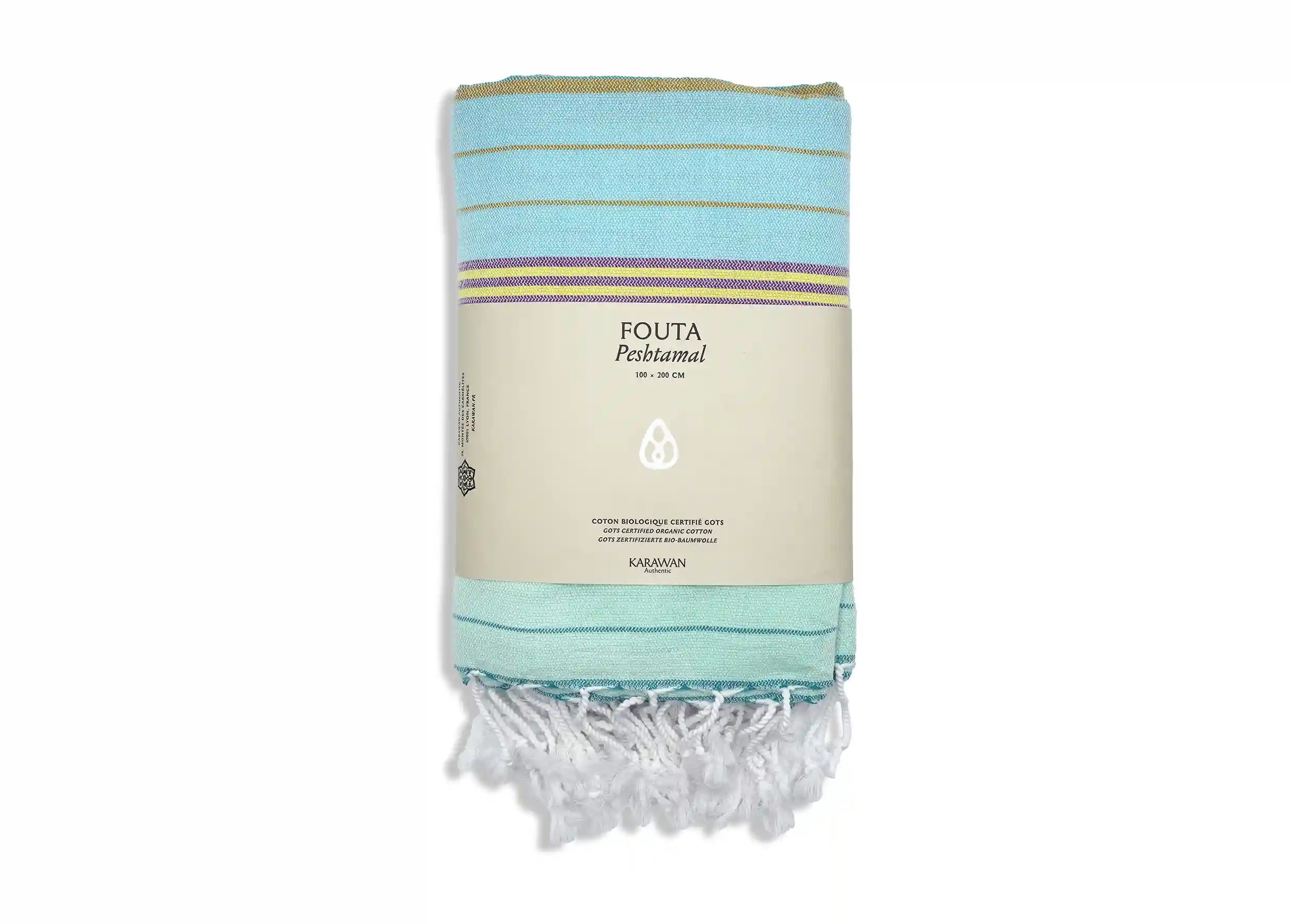 Aqua-coloured organic cotton towel, packshot photo with packaging band