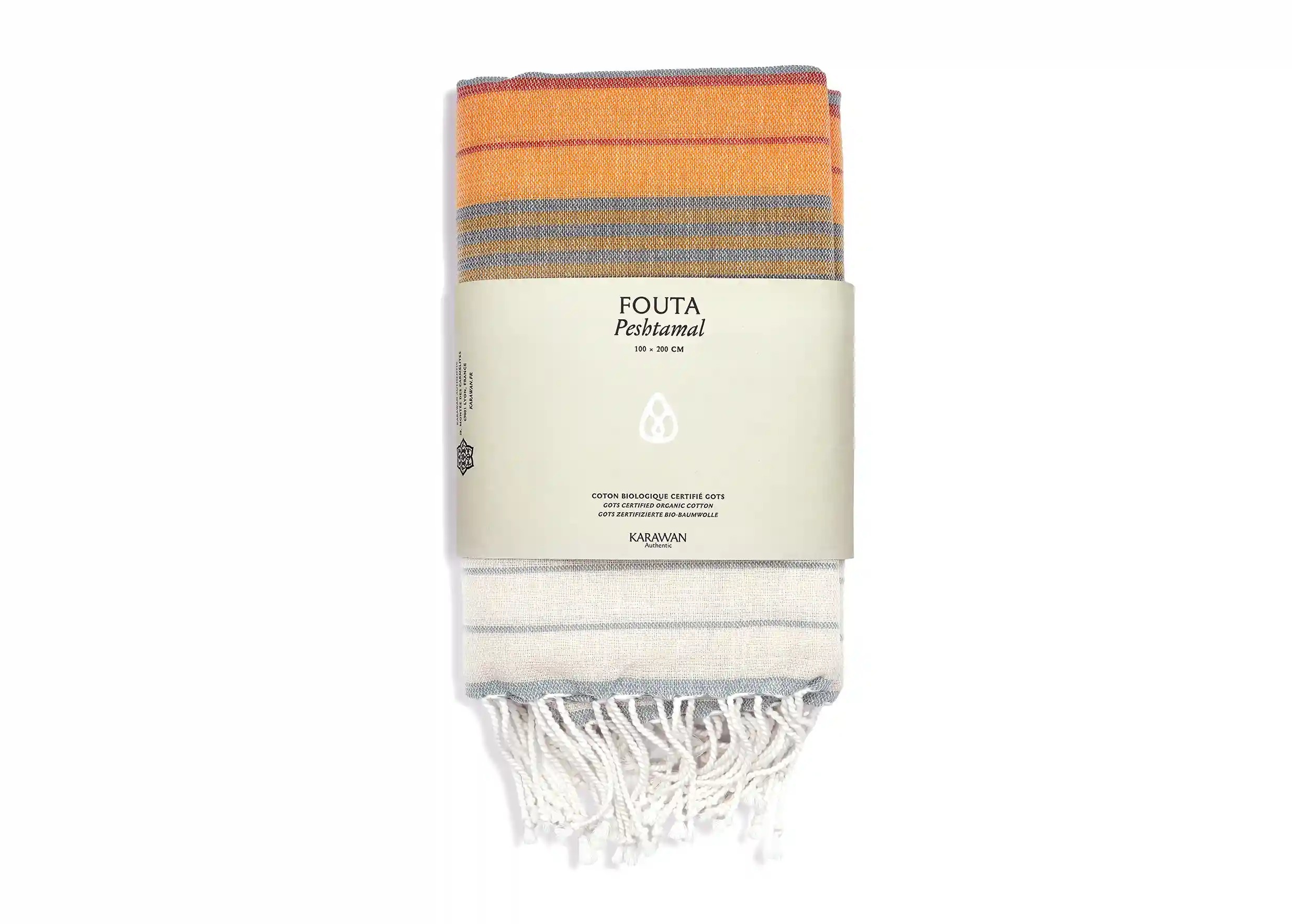Fouta coton bio India Gold de la collection Sud, photo prise en packshot avec bandeau packaging