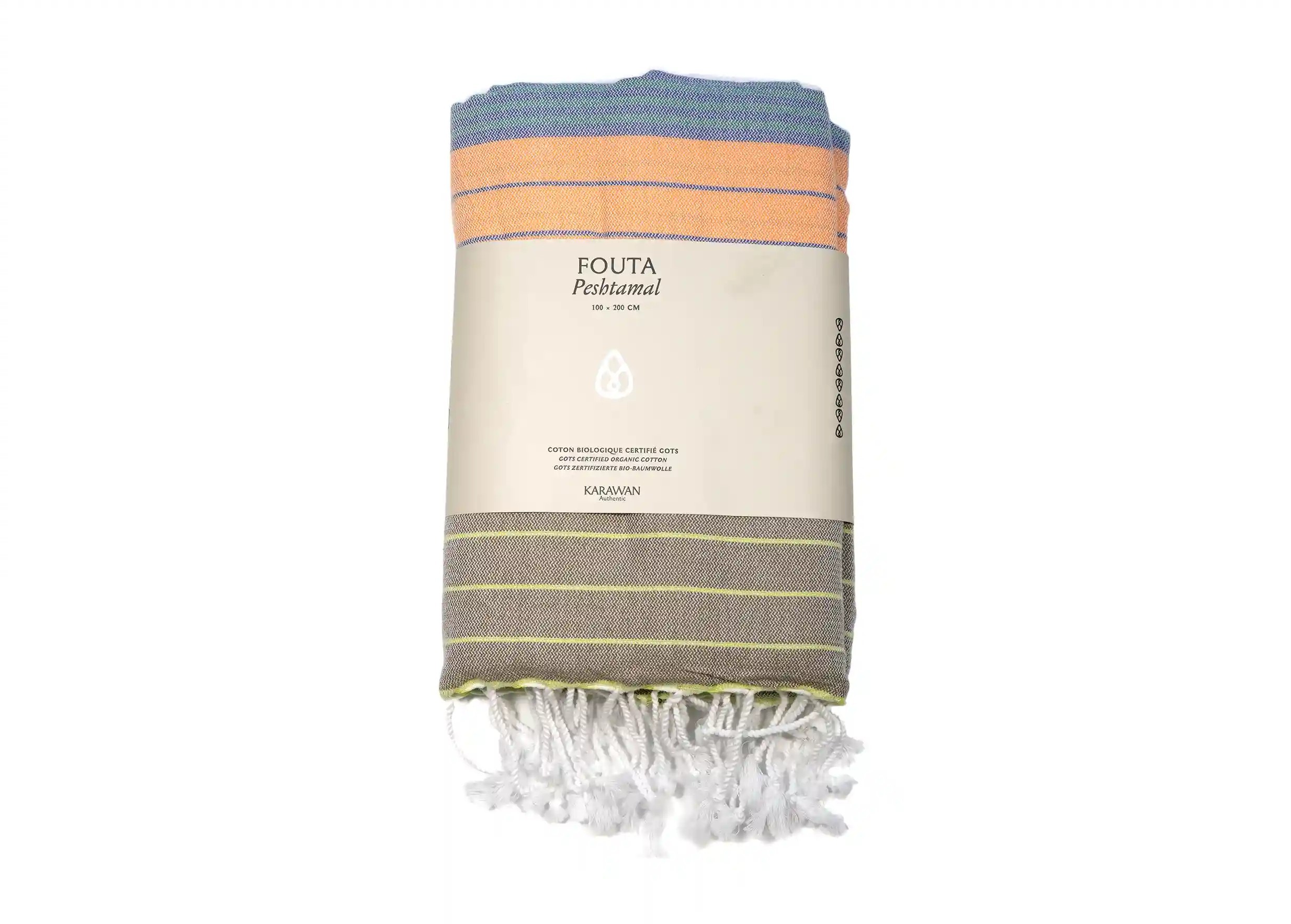 Purple Sun organic cotton towel from the Sud collection, packshot photo with packaging band