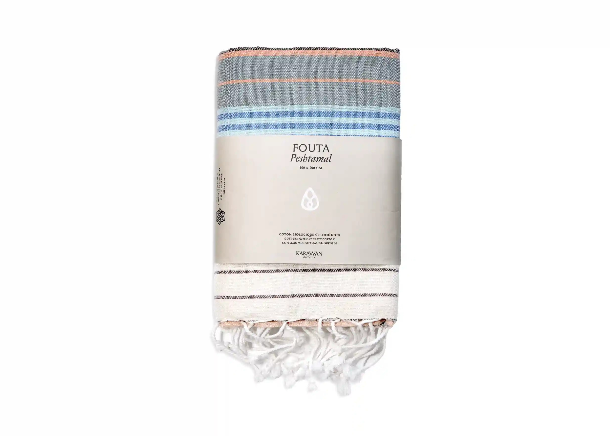 Fouta coton bio coloris Waves de la collection Sud, photo prise en packshot avec bandeau packaging