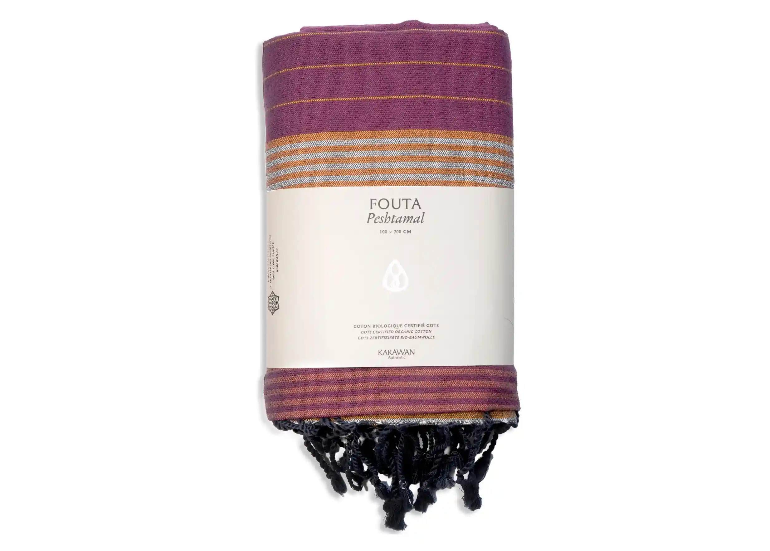 Arabesk-coloured organic cotton towel, packshot photo with packaging band