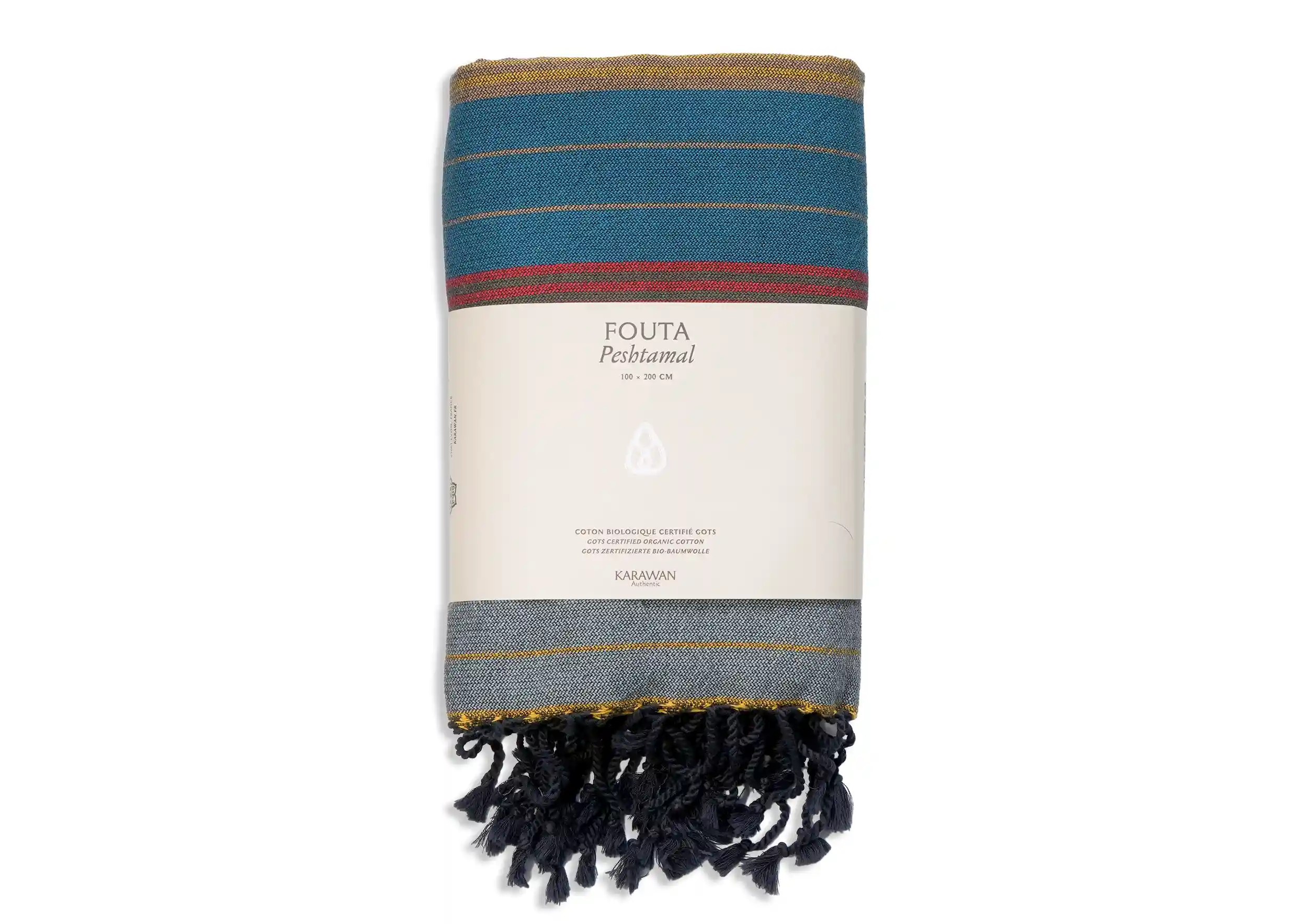 Fouta coton bio Redblue de la collection Ébène, photo prise en packshot avec bandeau packaging