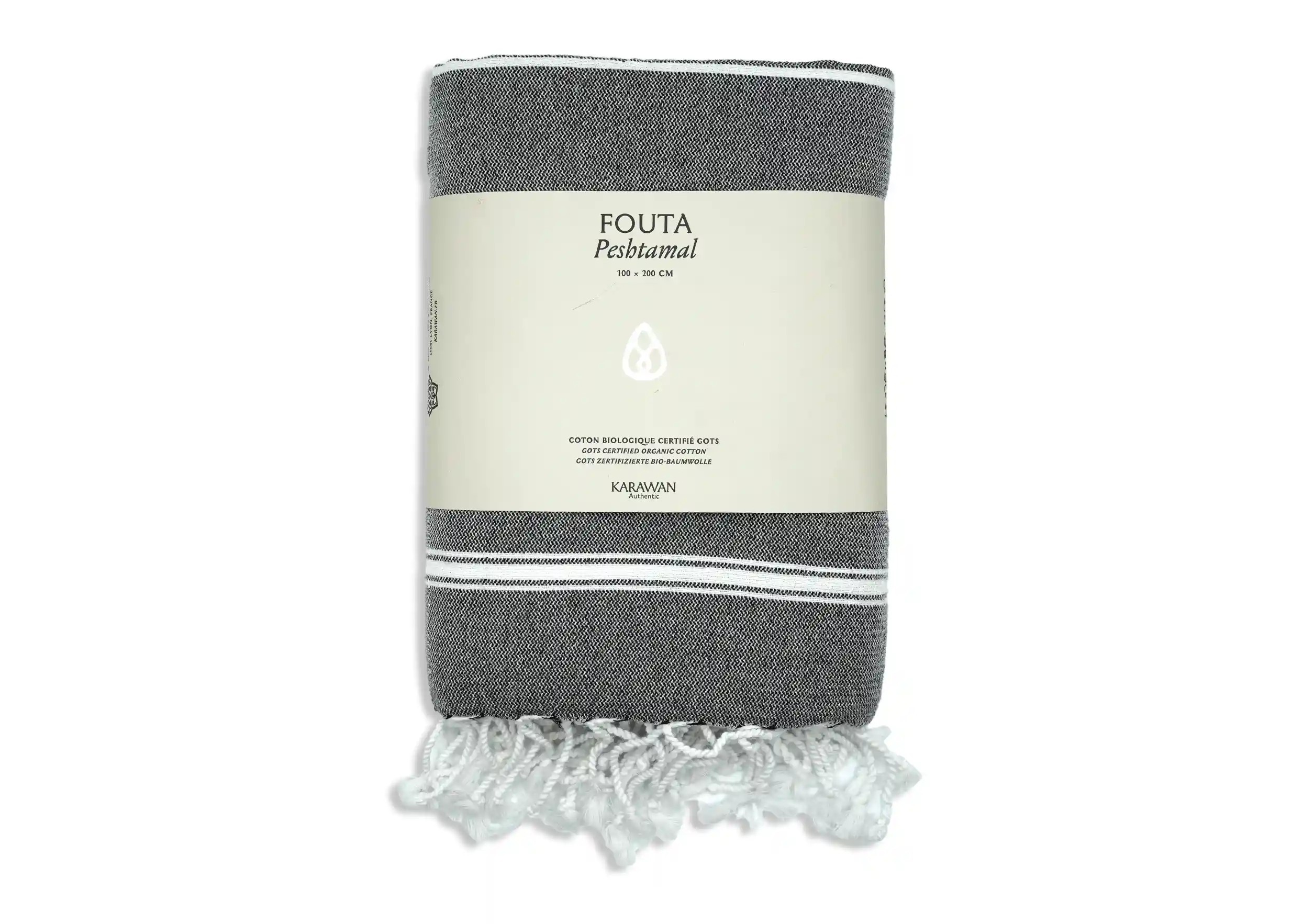 Fouta coton bio anthracite Hammam, photo prise en packshot avec bandeau packaging Fouta coton bio anthracite Hammam, photo prise en packshot avec bandeau packaging