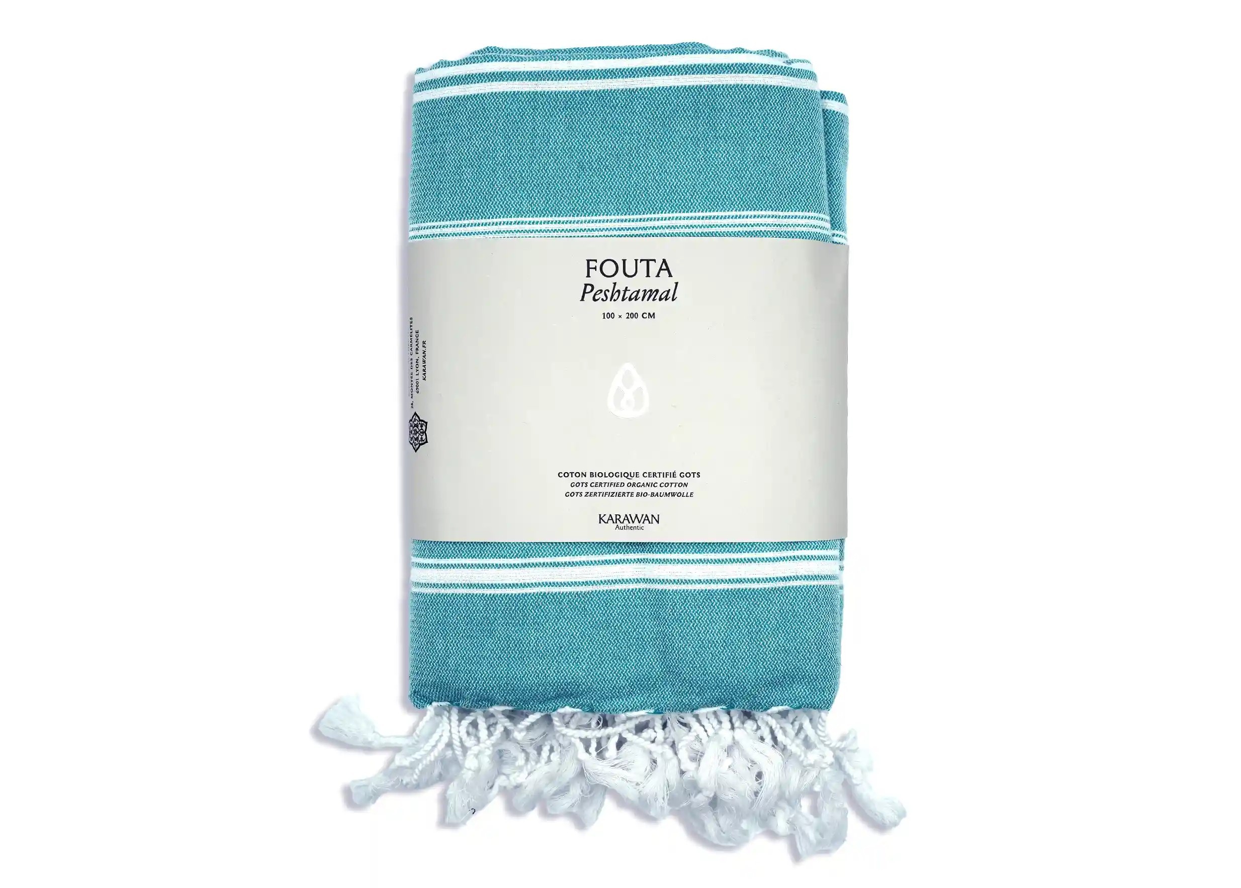 Fouta coton bio bleu atoll Hammam, photo prise en packshot avec bandeau packaging Fouta coton bio bleu atoll Hammam, photo prise en packshot avec bandeau packaging