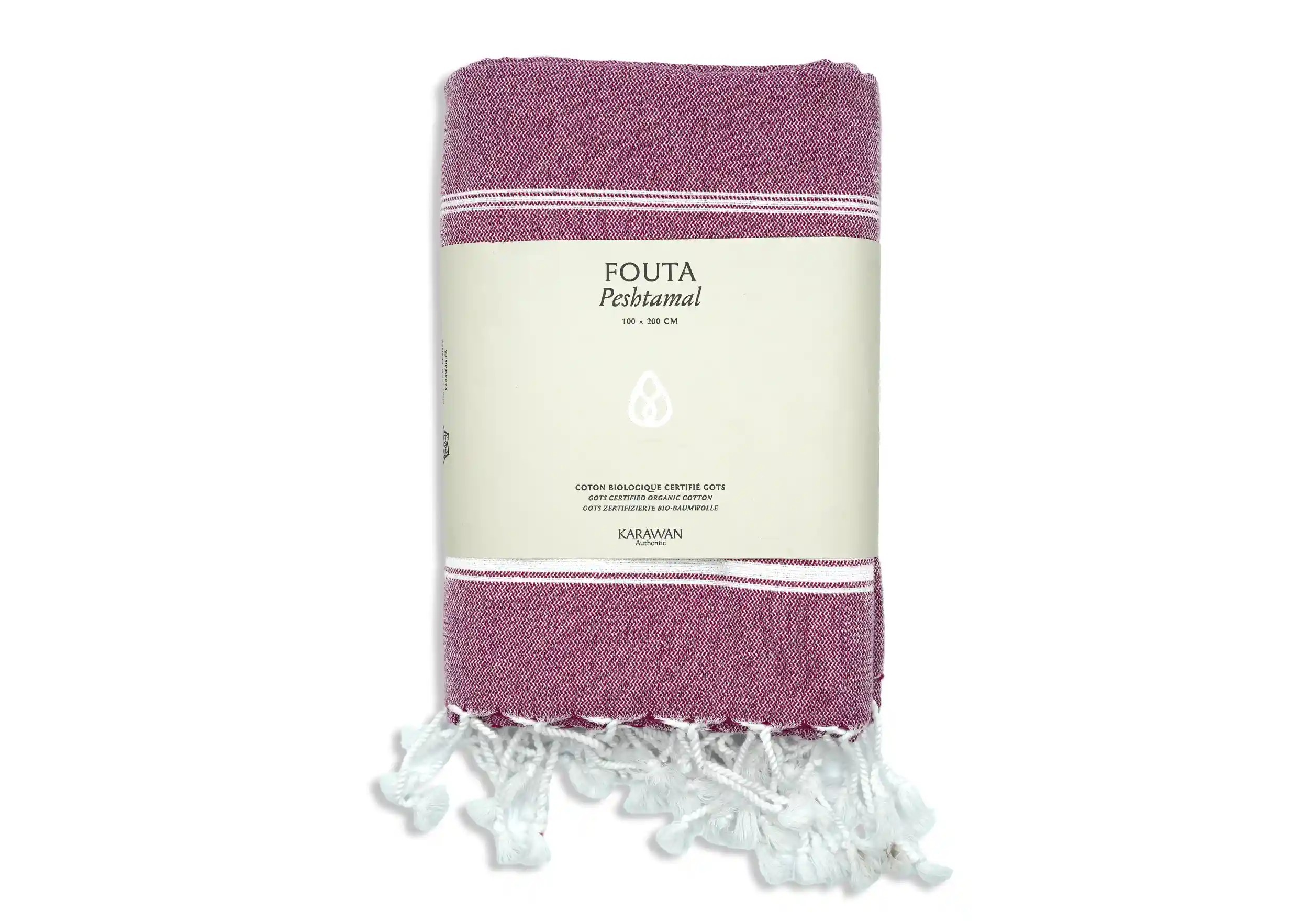 Fouta coton bio bordeaux Hammam, photo prise en packshot avec bandeau packaging Fouta coton bio bordeaux Hammam, photo prise en packshot avec bandeau packaging