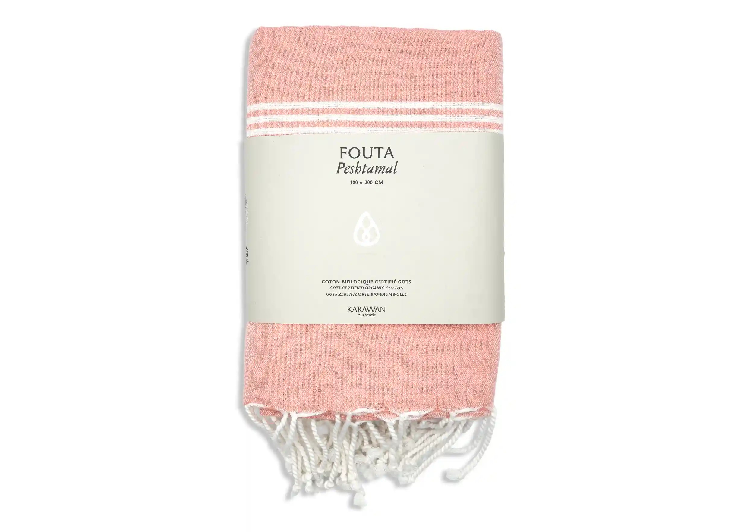 Fouta coton bio corail Hammam, photo prise en packshot avec bandeau packaging Fouta coton bio corail Hammam, photo prise en packshot avec bandeau packaging