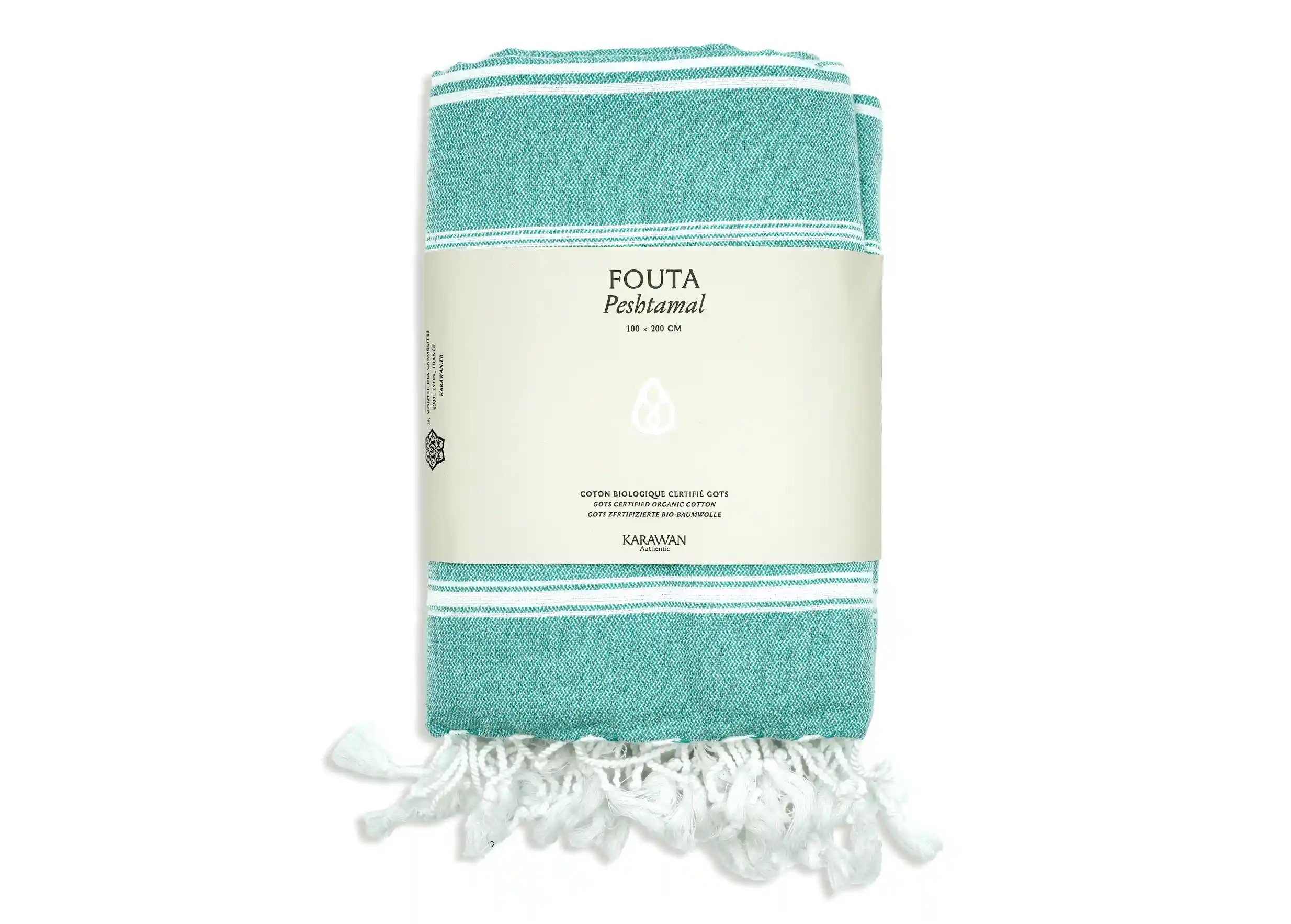 Fouta coton bio menthe Hammam, photo prise en packshot avec bandeau packaging Fouta coton bio menthe Hammam, photo prise en packshot avec bandeau packaging