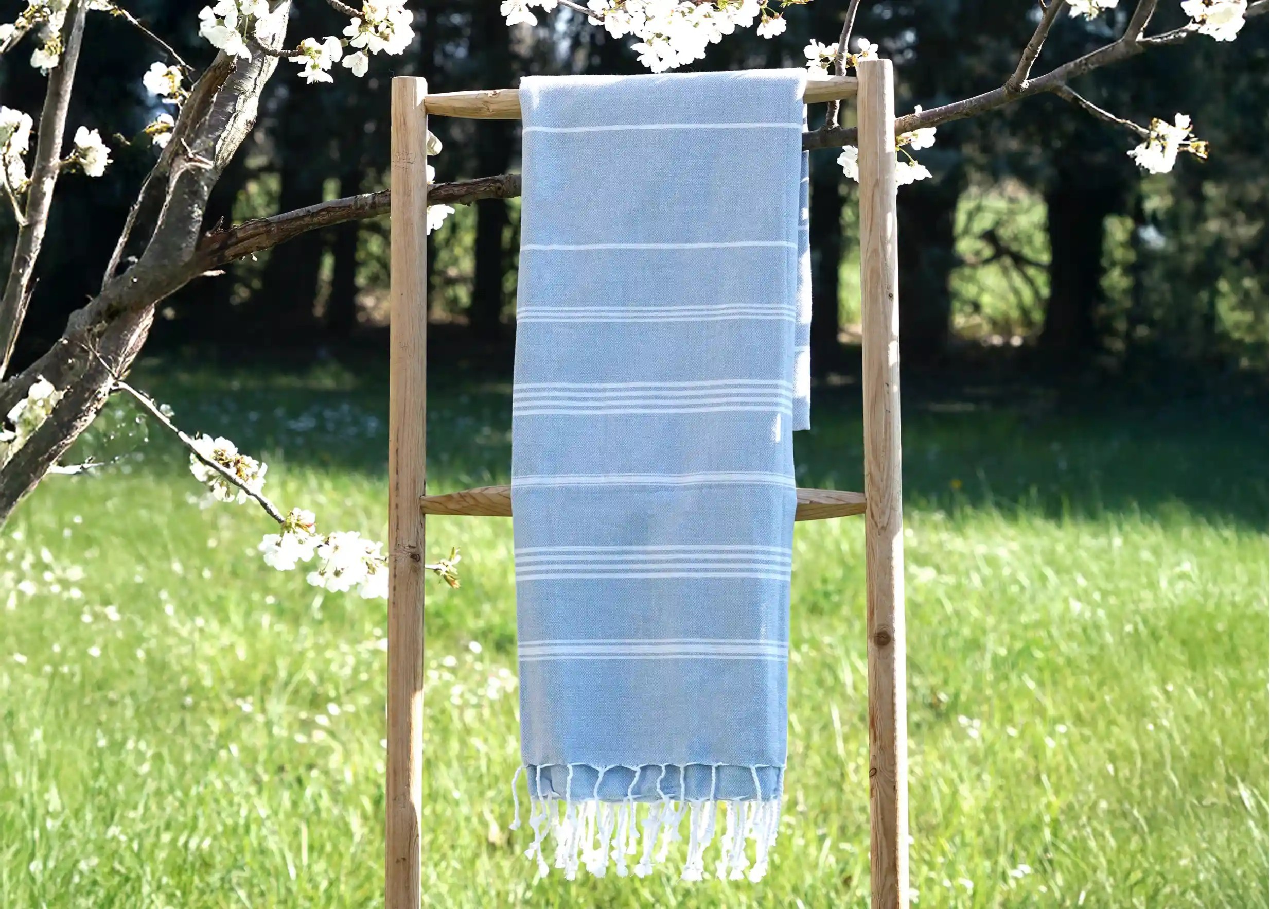 Fouta en coton biologique coloris nuage, accrochée à une échelle en bois, avec une plante verte au premier plan Fouta en coton biologique coloris nuage, accrochée à une échelle en bois, avec une plante verte au premier plan