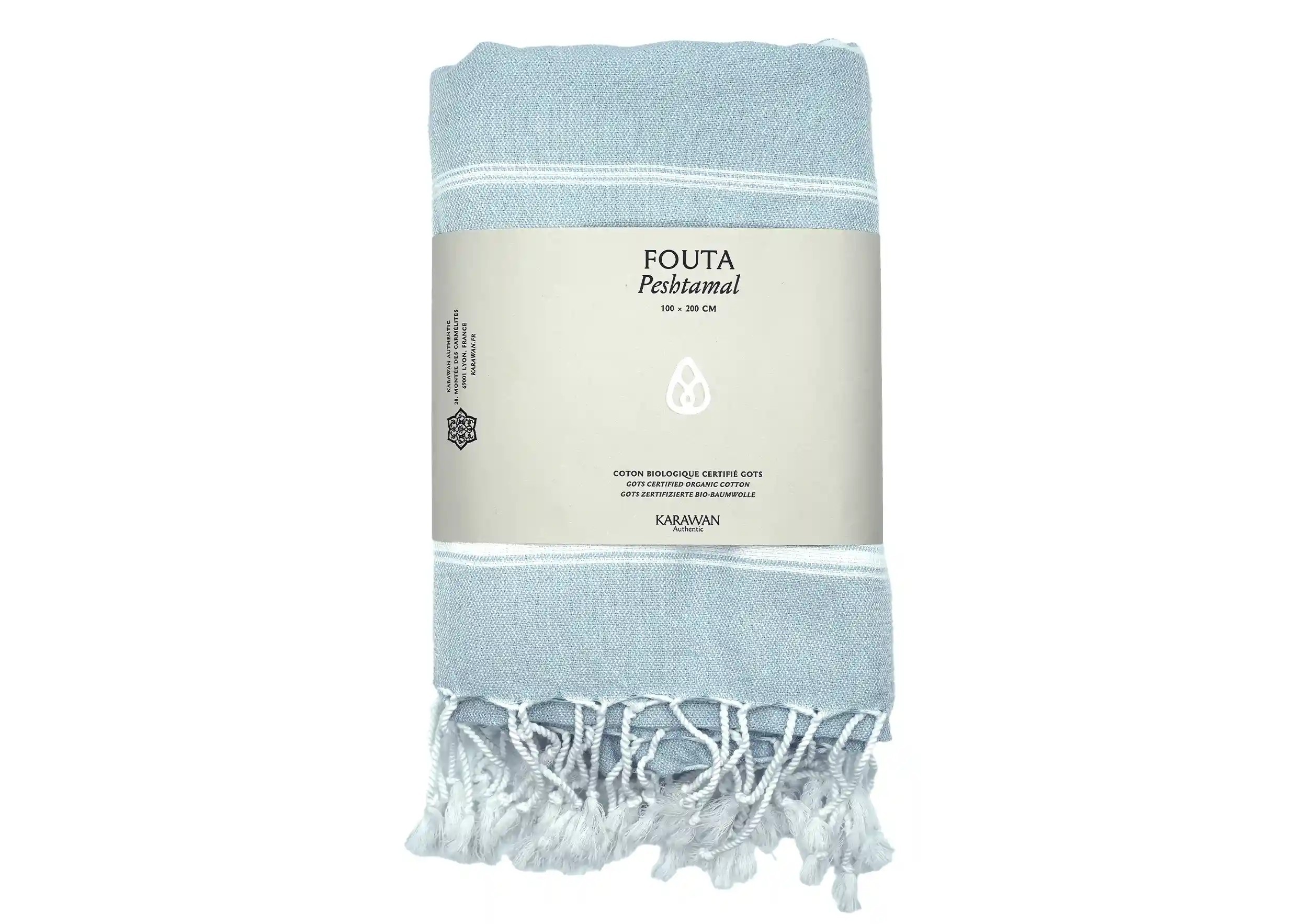 Fouta coton bio Nuage Hammam, photo prise en packshot avec bandeau packaging Fouta coton bio Nuage Hammam, photo prise en packshot avec bandeau packaging