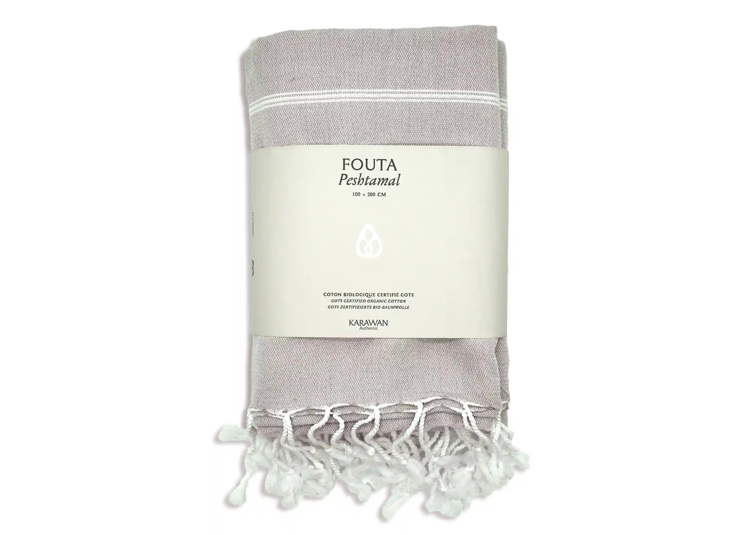 Fouta coton bio taupe de la collection Hammam, photo prise en packshot avec bandeau packaging Fouta coton bio taupe de la collection Hammam, photo prise en packshot avec bandeau packaging