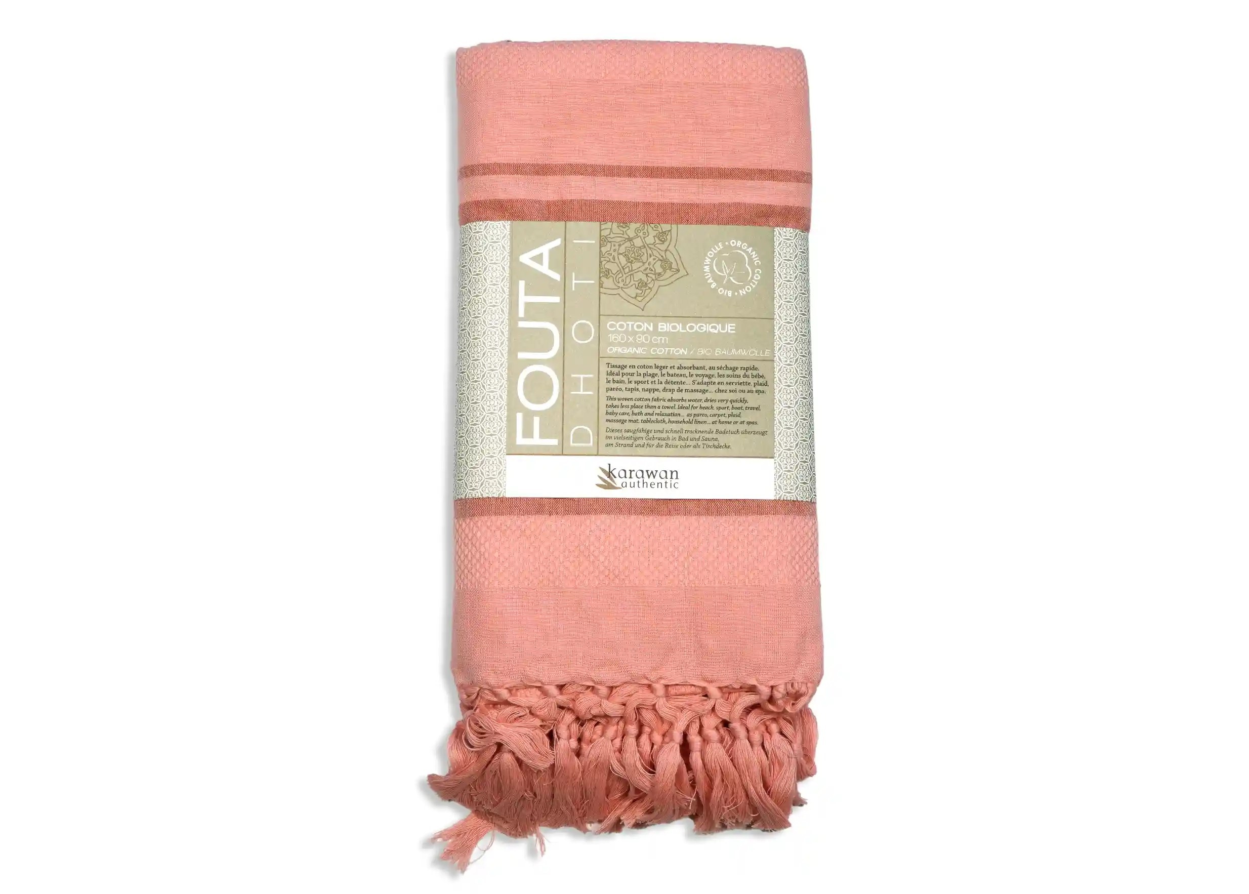 Fouta coton bio coloris Coral de la collection Garden, photo prise en packshot avec bandeau packaging