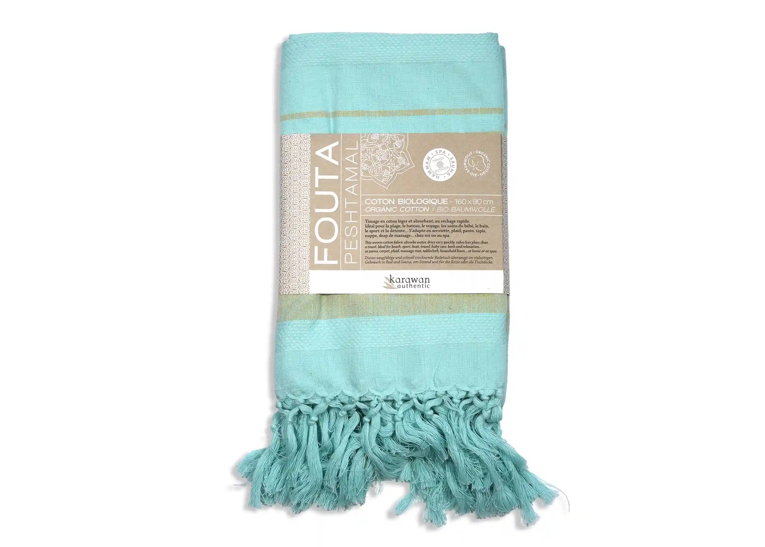 Fouta coton bio Turkuaz de la collection Garden, photo prise en packshot avec bandeau packaging