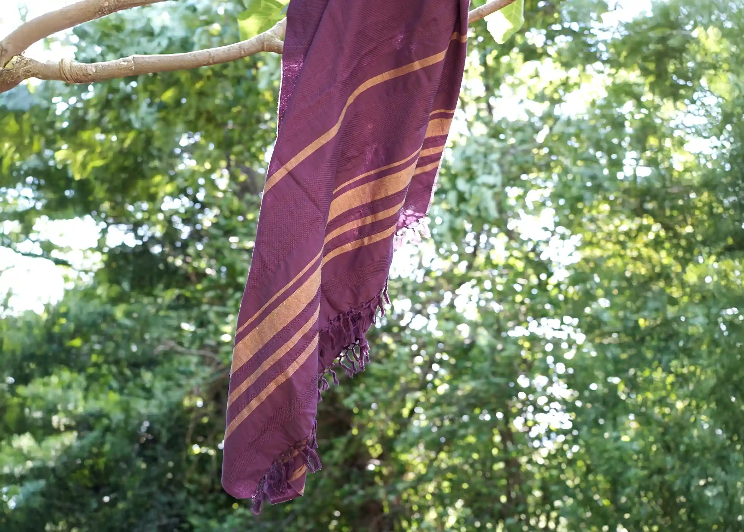 Purple-coloured fouta in organic cotton, with brown stripes, hanging from a tree branch, with a background of green foliage.
