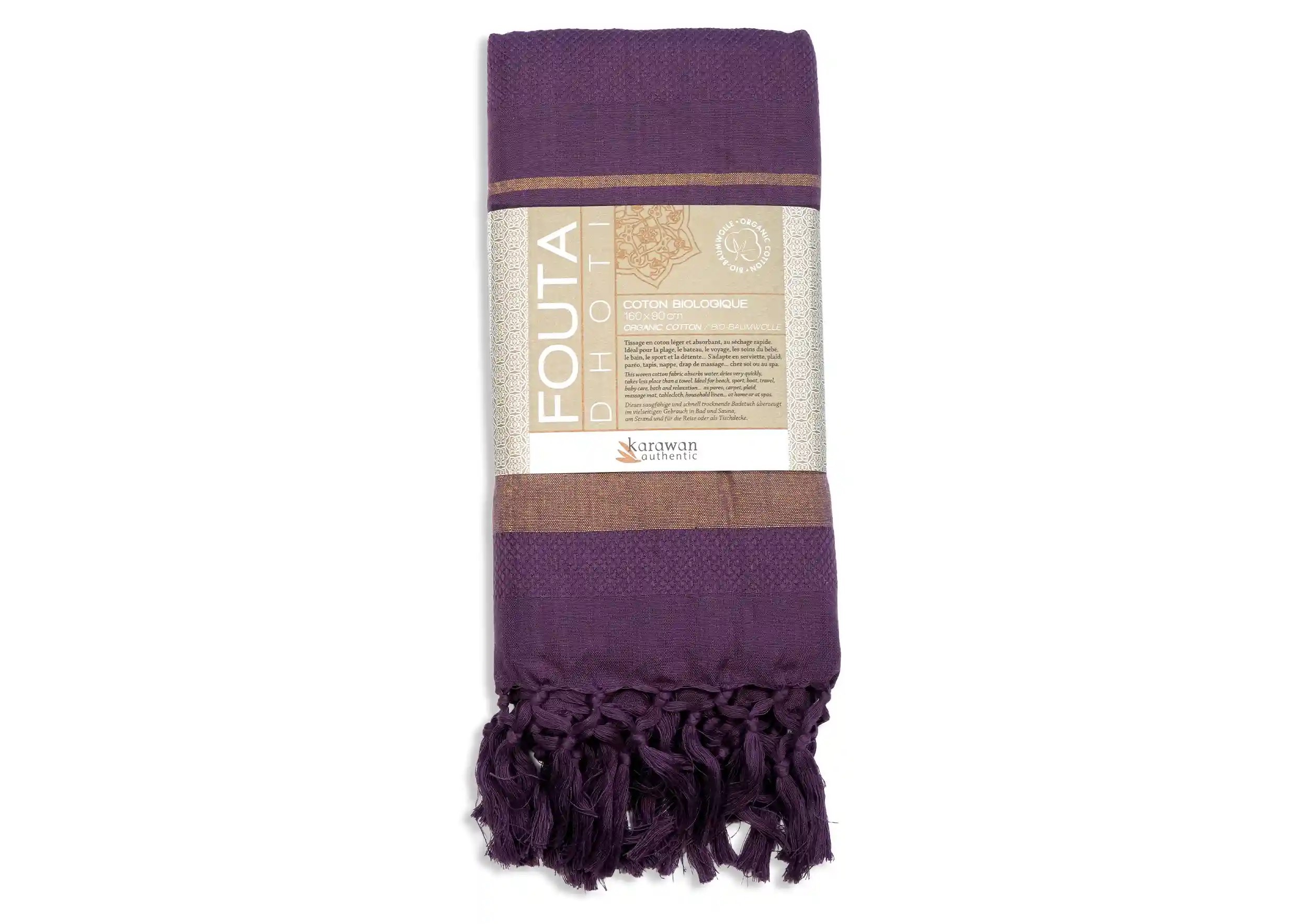 Purple-coloured organic cotton fouta from the Garden collection, packshot photo with packaging band