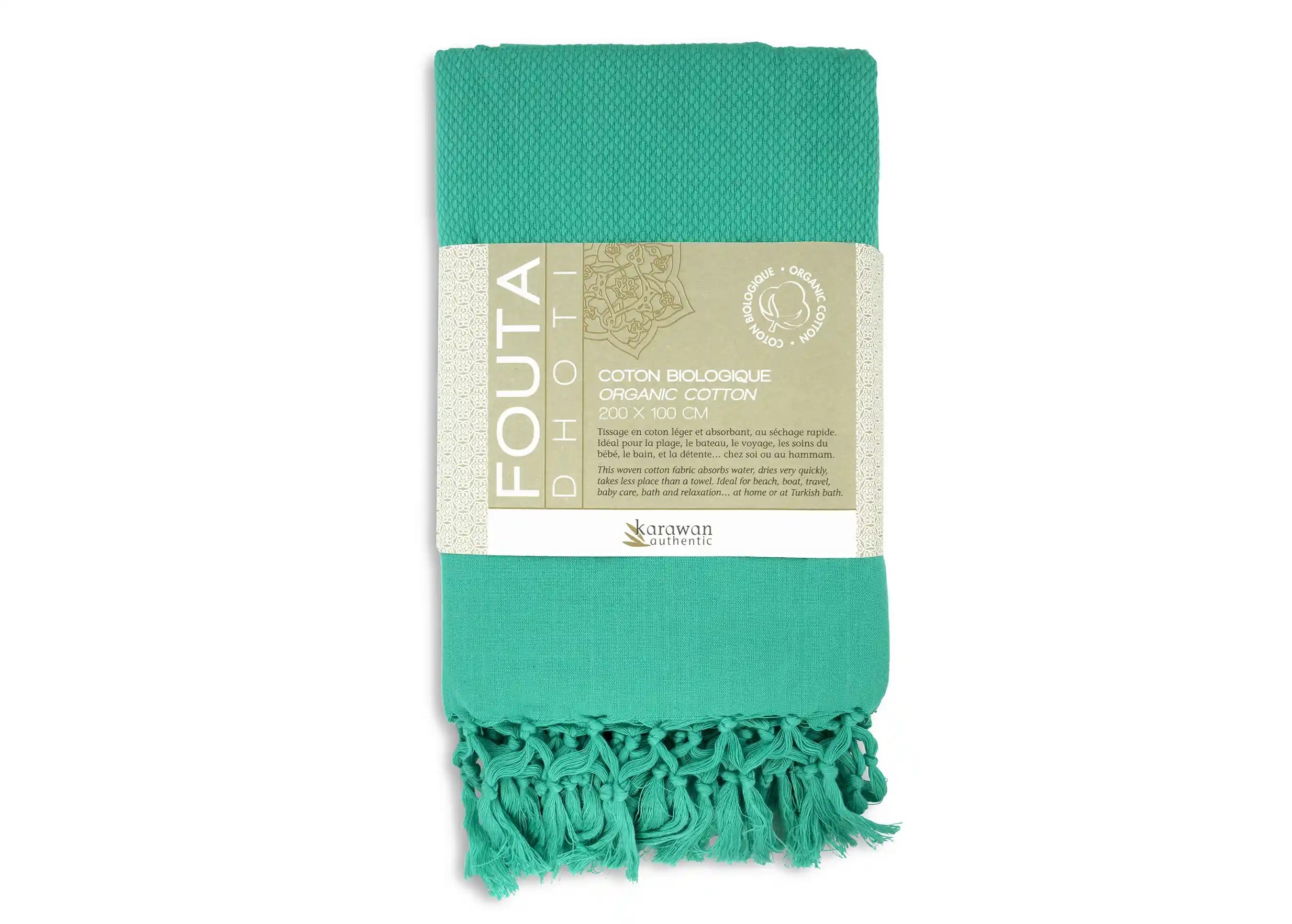 Fouta coton bio Lagon Dhoti, packshot avec bandeau