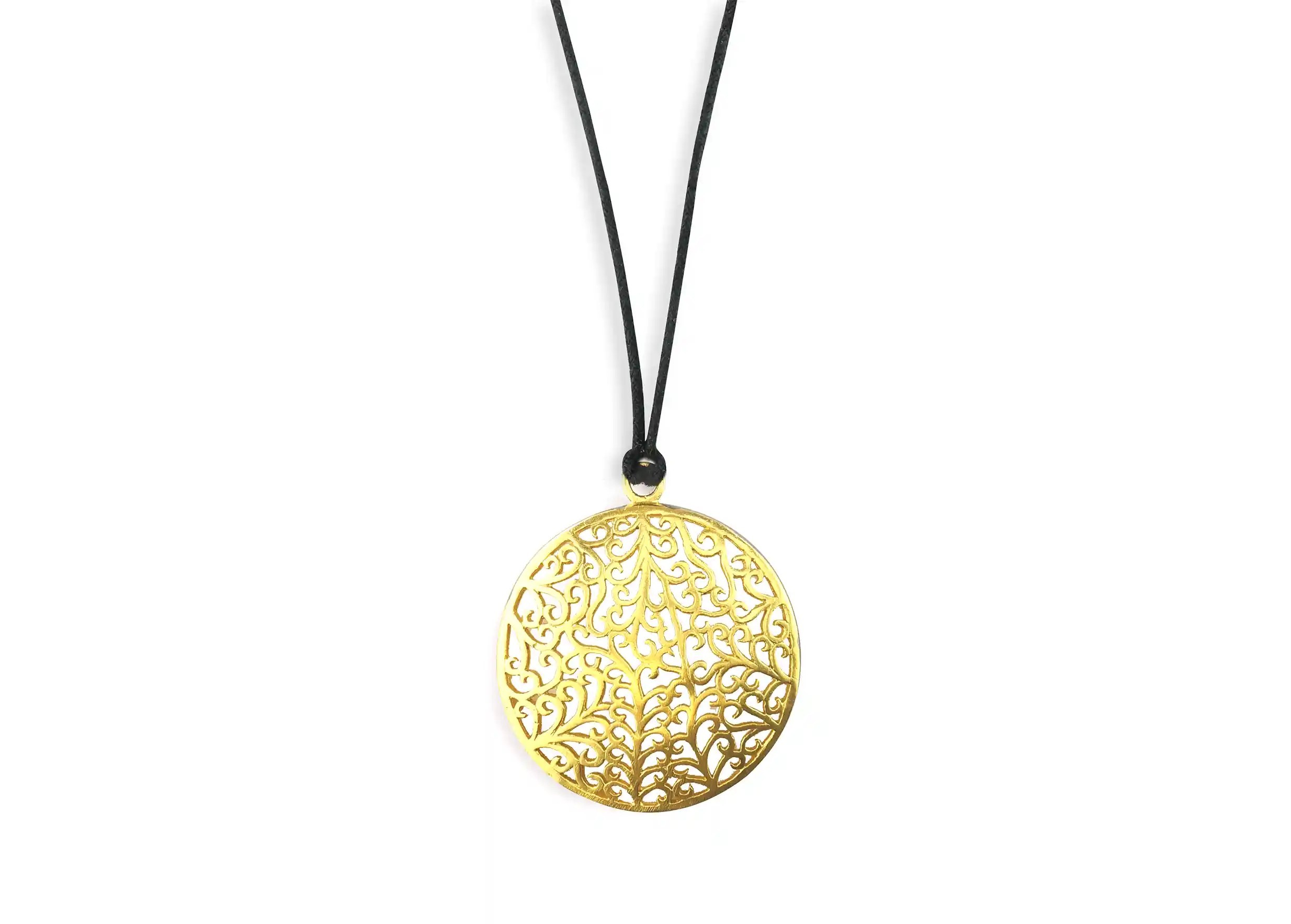 Secret Garden gilded-plated brass pendant with black cord, cut-out background