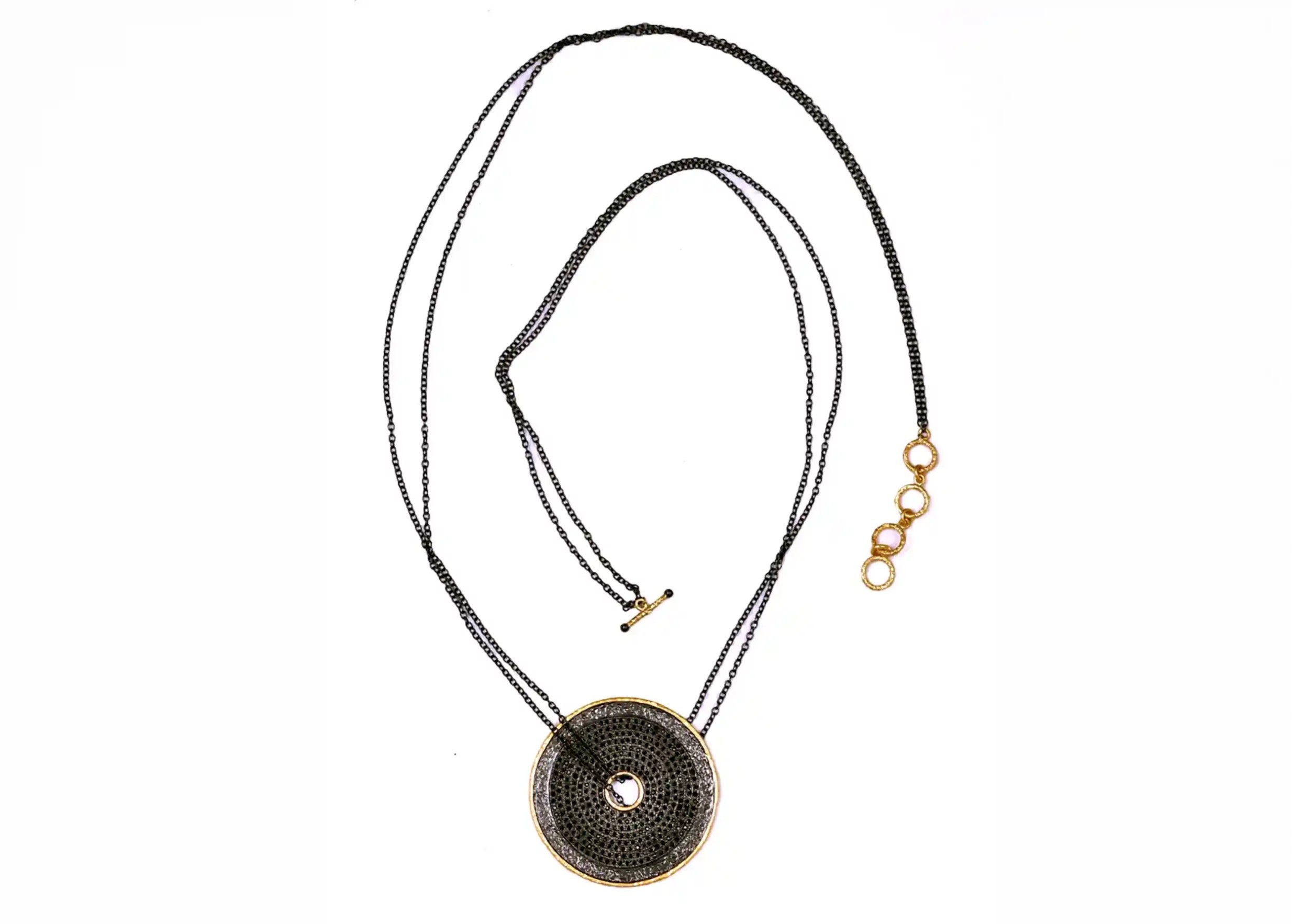 Talisman necklace in brass and zirconium, with adjustable double chain and T-shaped clasp, Dawn of Time collection