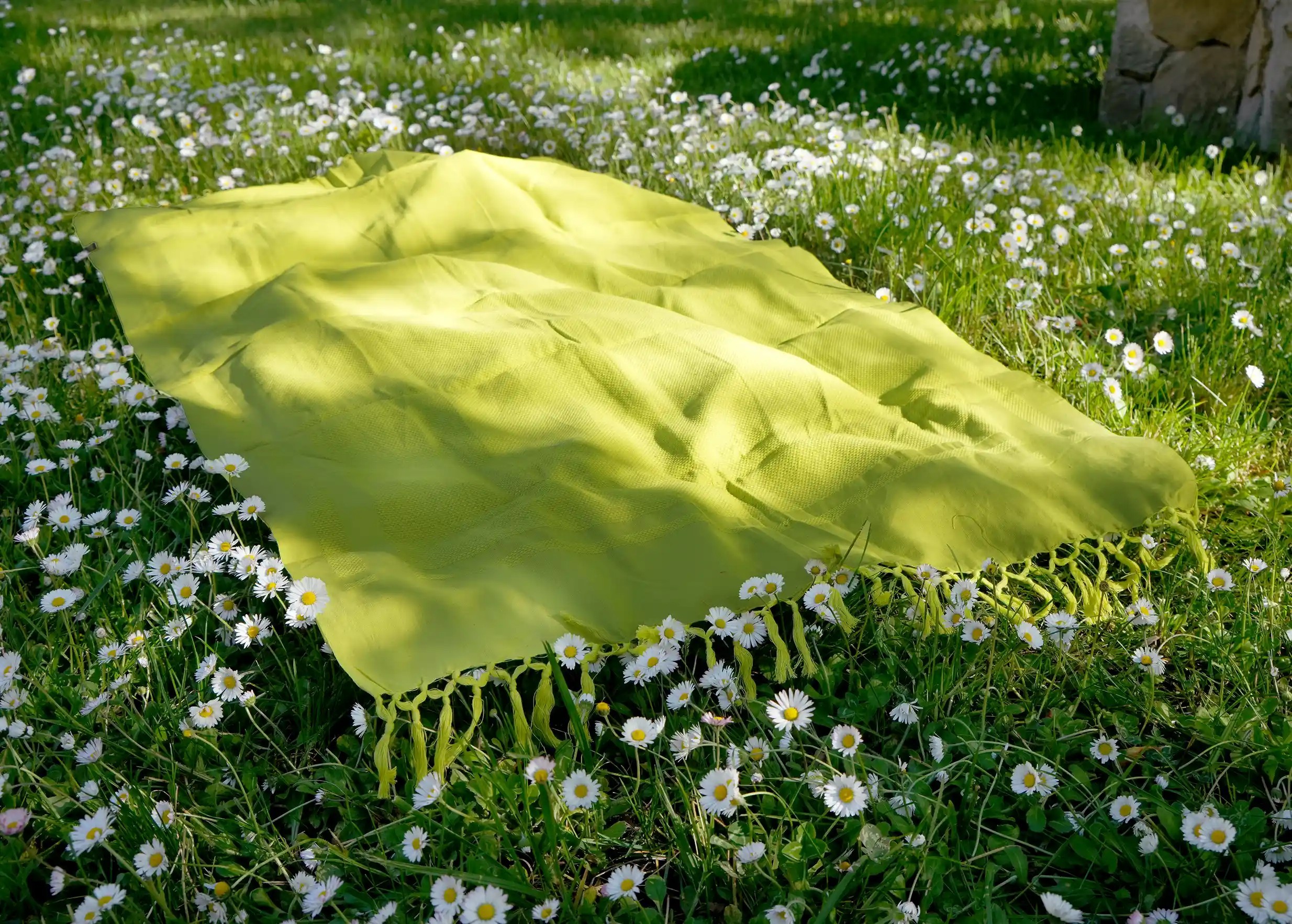 Basil-coloured fouta in organic cotton, Kochi collection, on the ground on the grass with a few rays of sunshine
