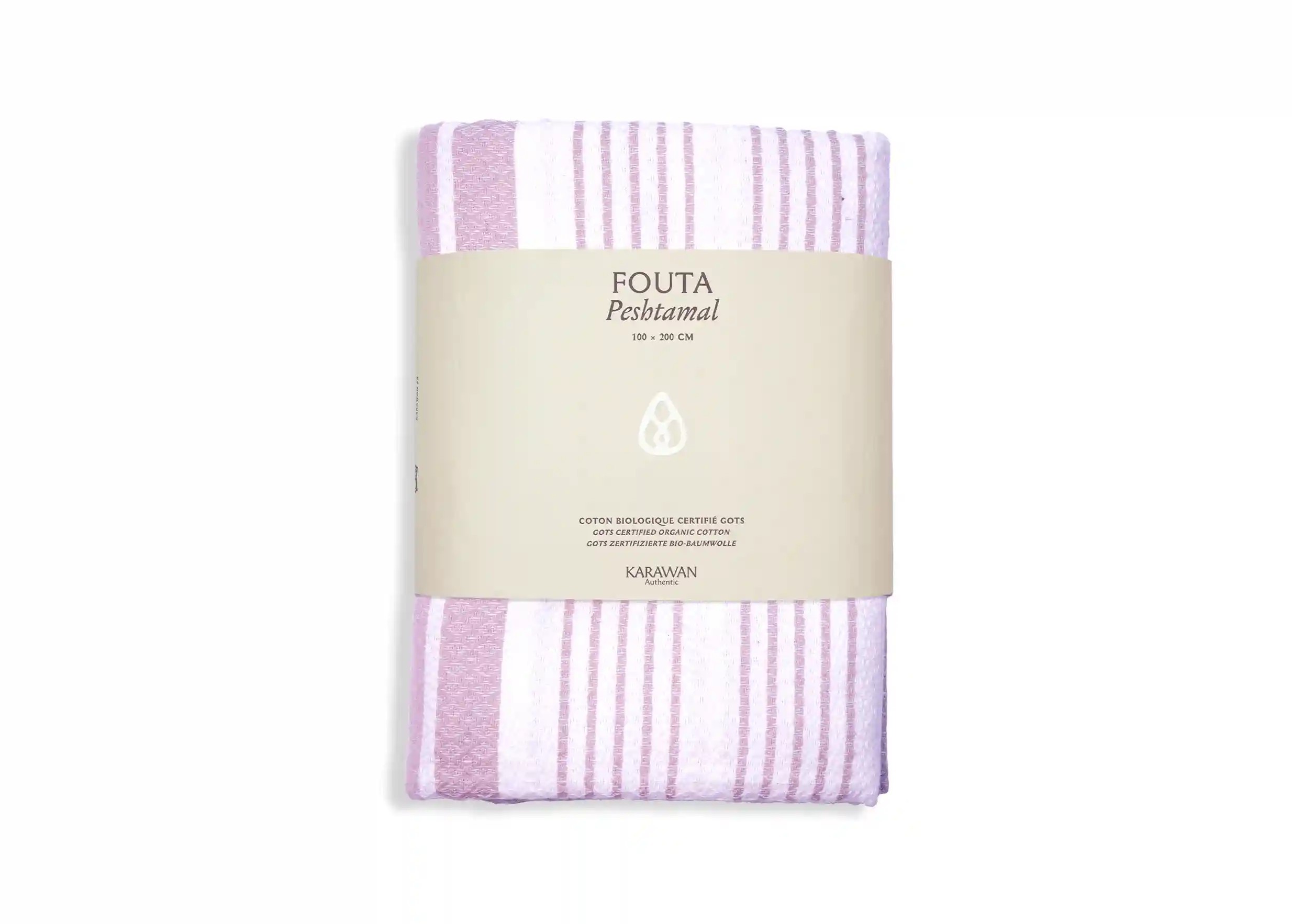 Parma-coloured White Sand organic cotton fouta, packshot with packaging