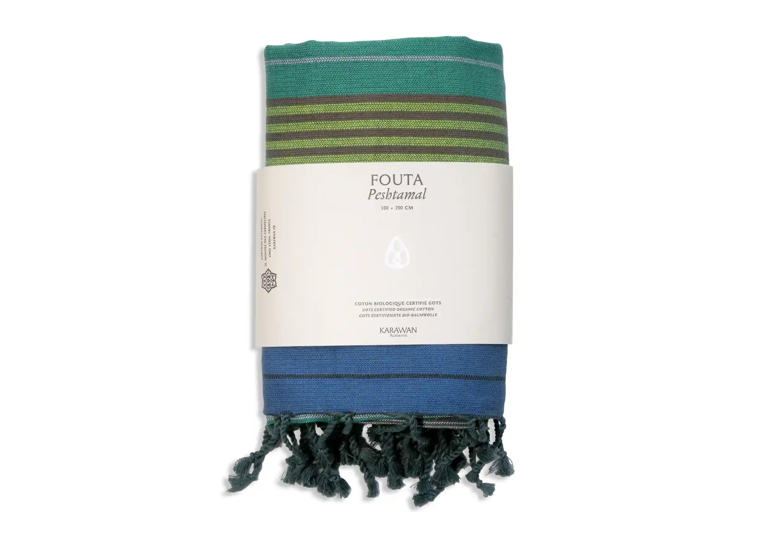 Fouta coton bio Forest Ébène, packshot avec bandeau
