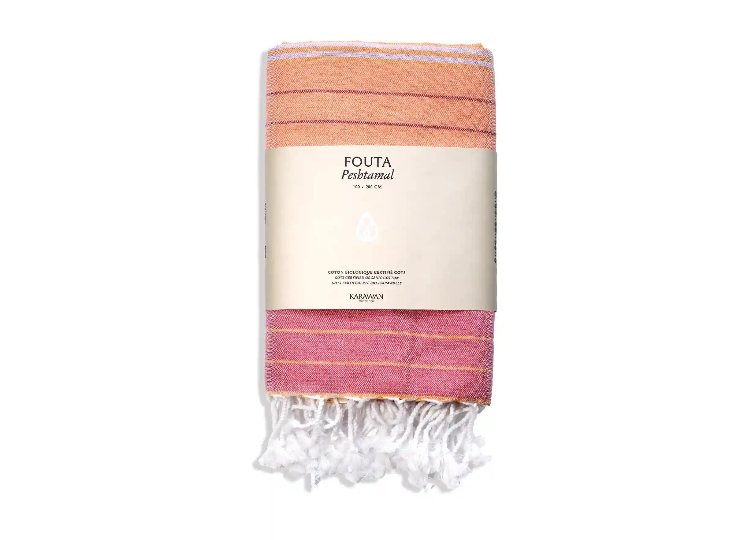 azalea-coloured organic cotton fouta from the Sud collection, packshot with headband