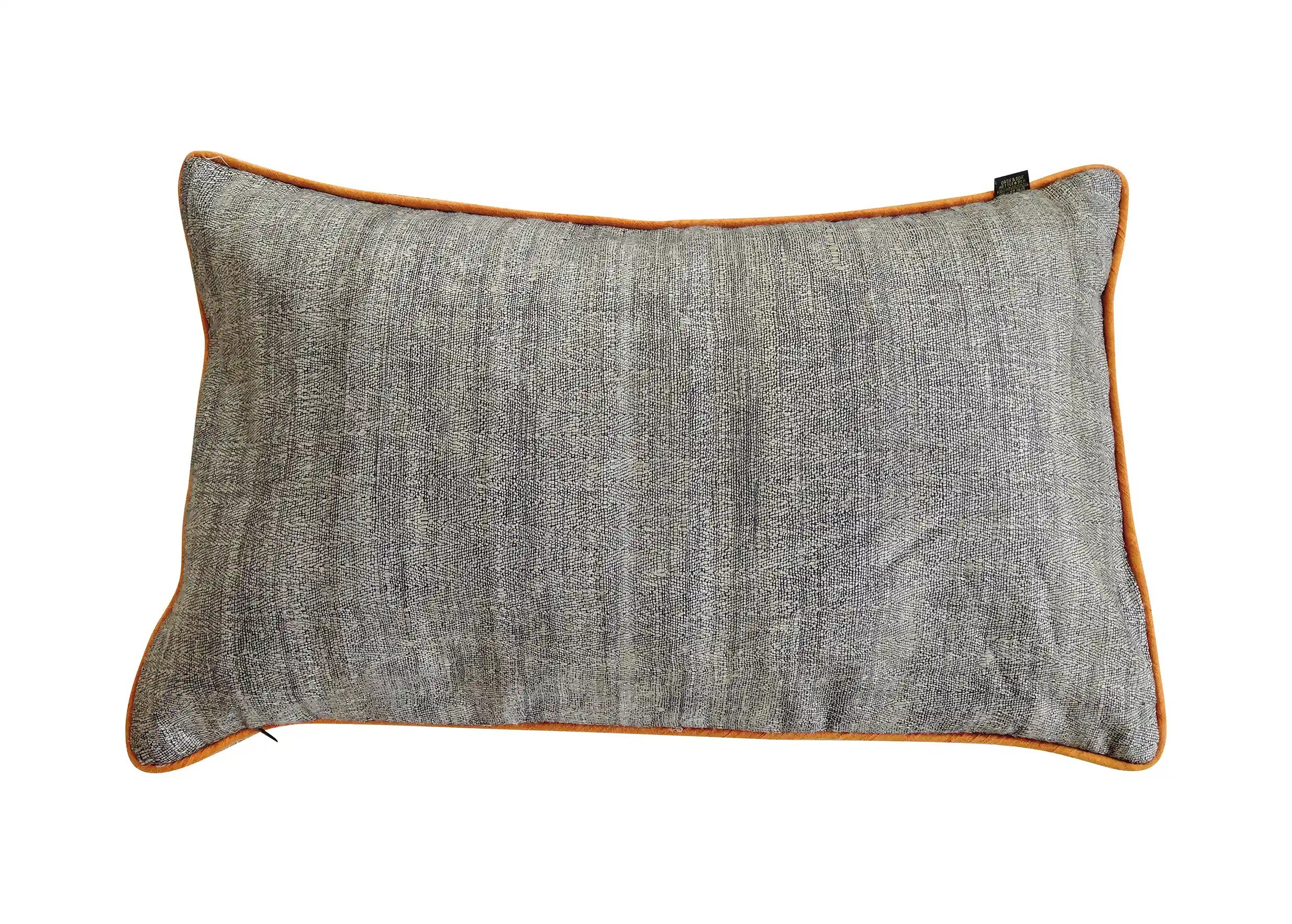 Rectangular saffron cushion made from nettle fiber and wild silk, photo taken from the front on a white background