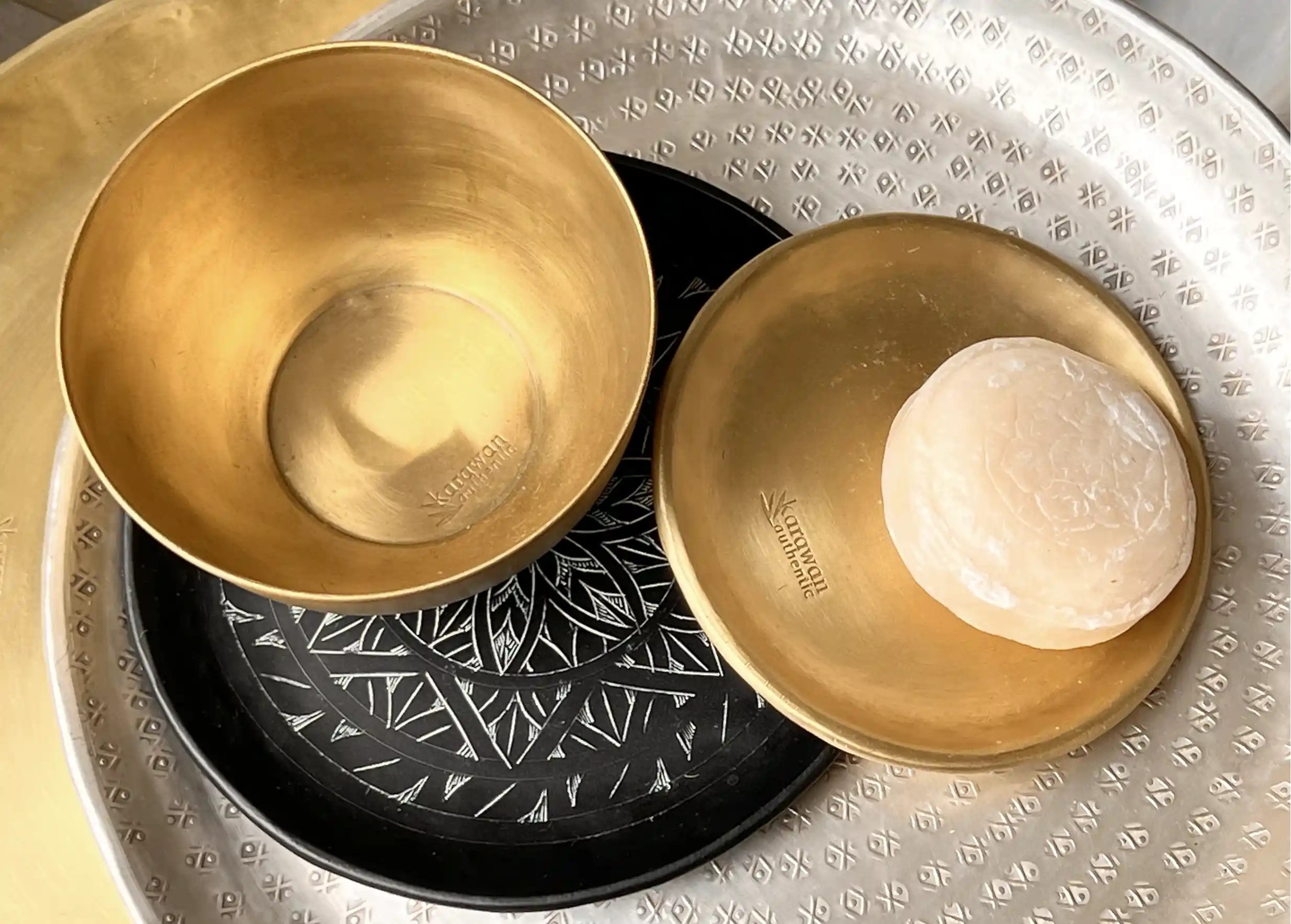 Karawan collection of gold, silver and hammered silver cups. Photo taken from above