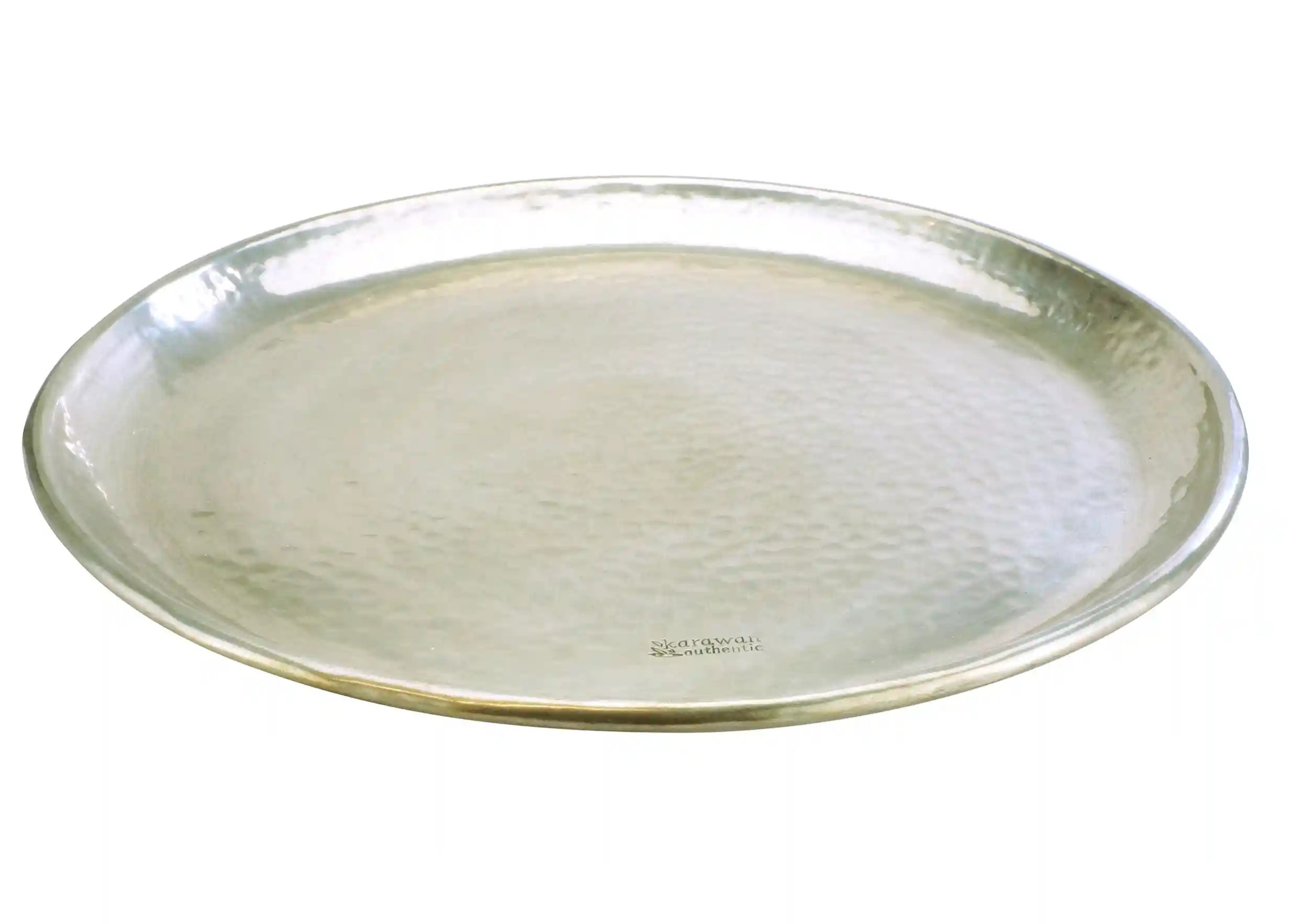 Konya silver and hammered tray on white background, Karawan authentic inscription