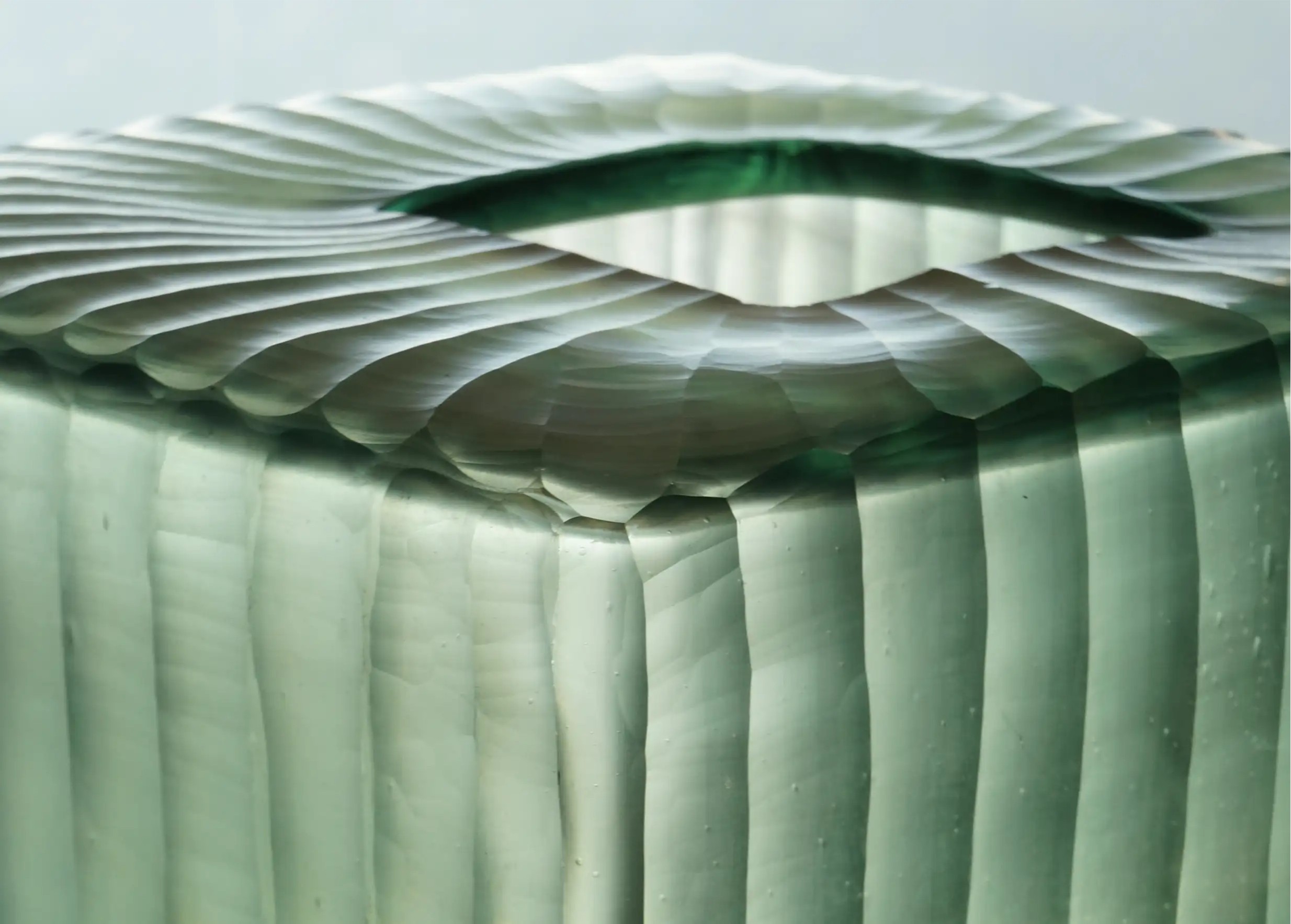 Aqua Cube blown and recycled glass vase, a closer look at its wavy, transparent texture