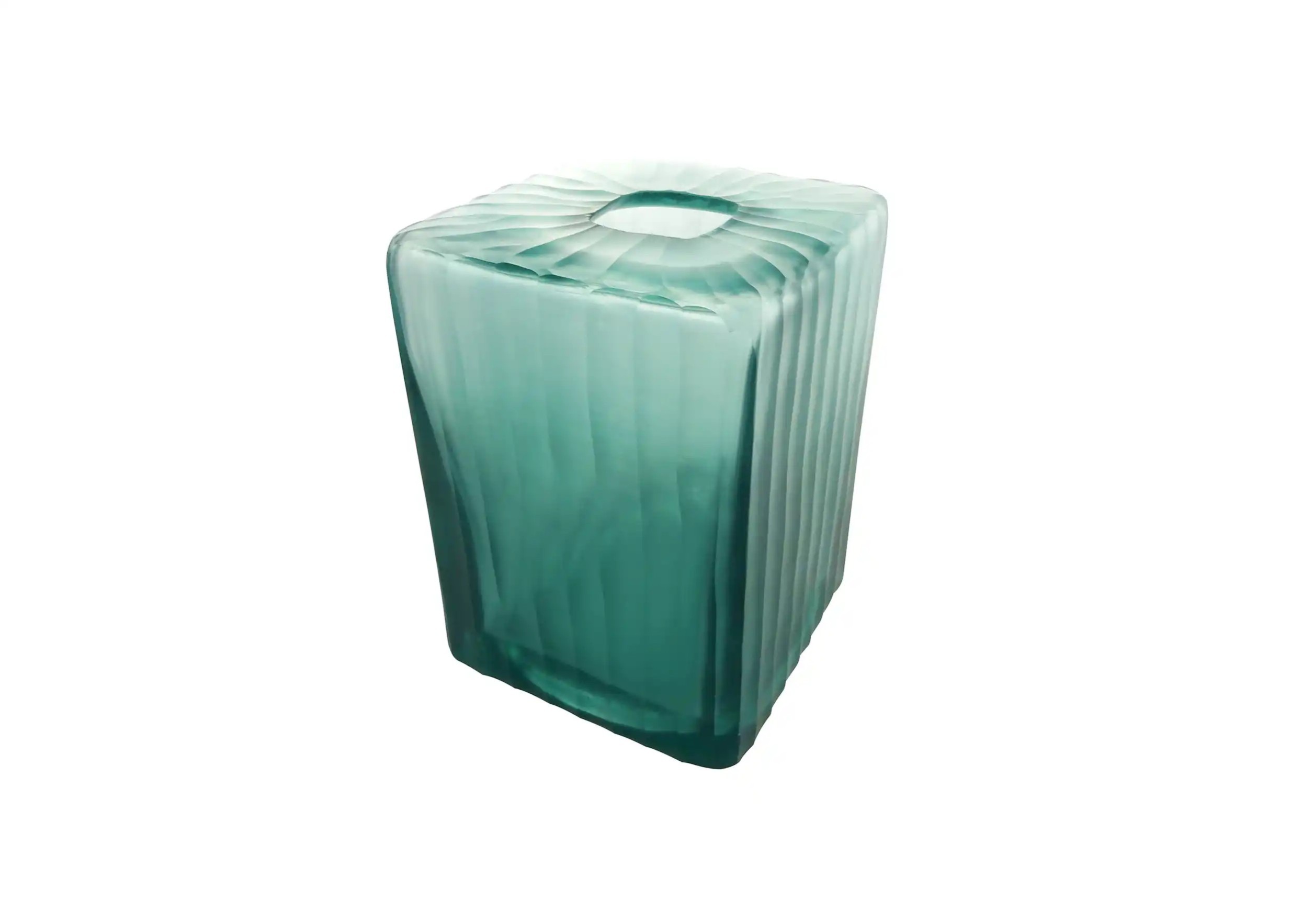 Vase model S Aqua Cube in blown and recycled glass, photo taken from above against a white background