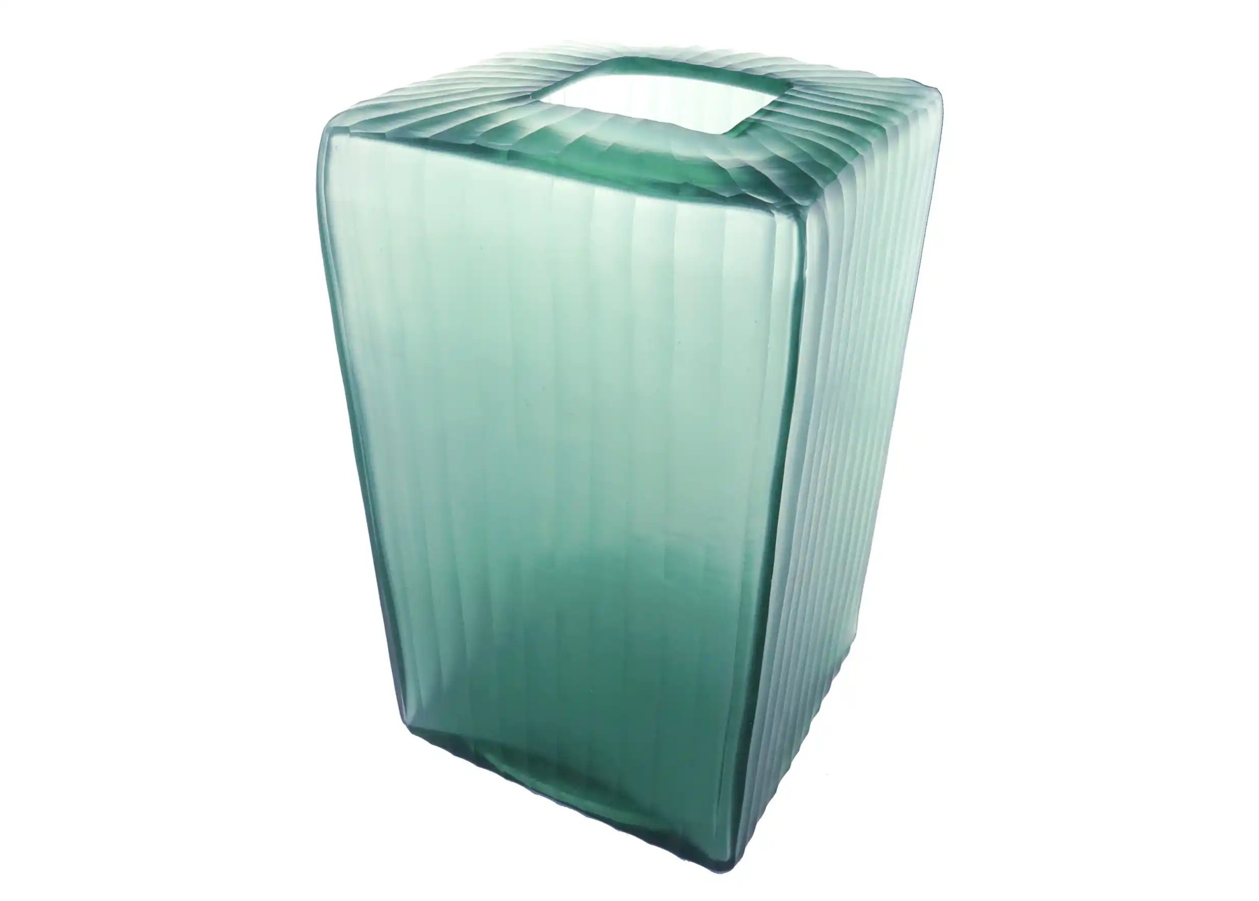 Vase model L Aqua Cube in blown and recycled glass, photo taken from above against a white background