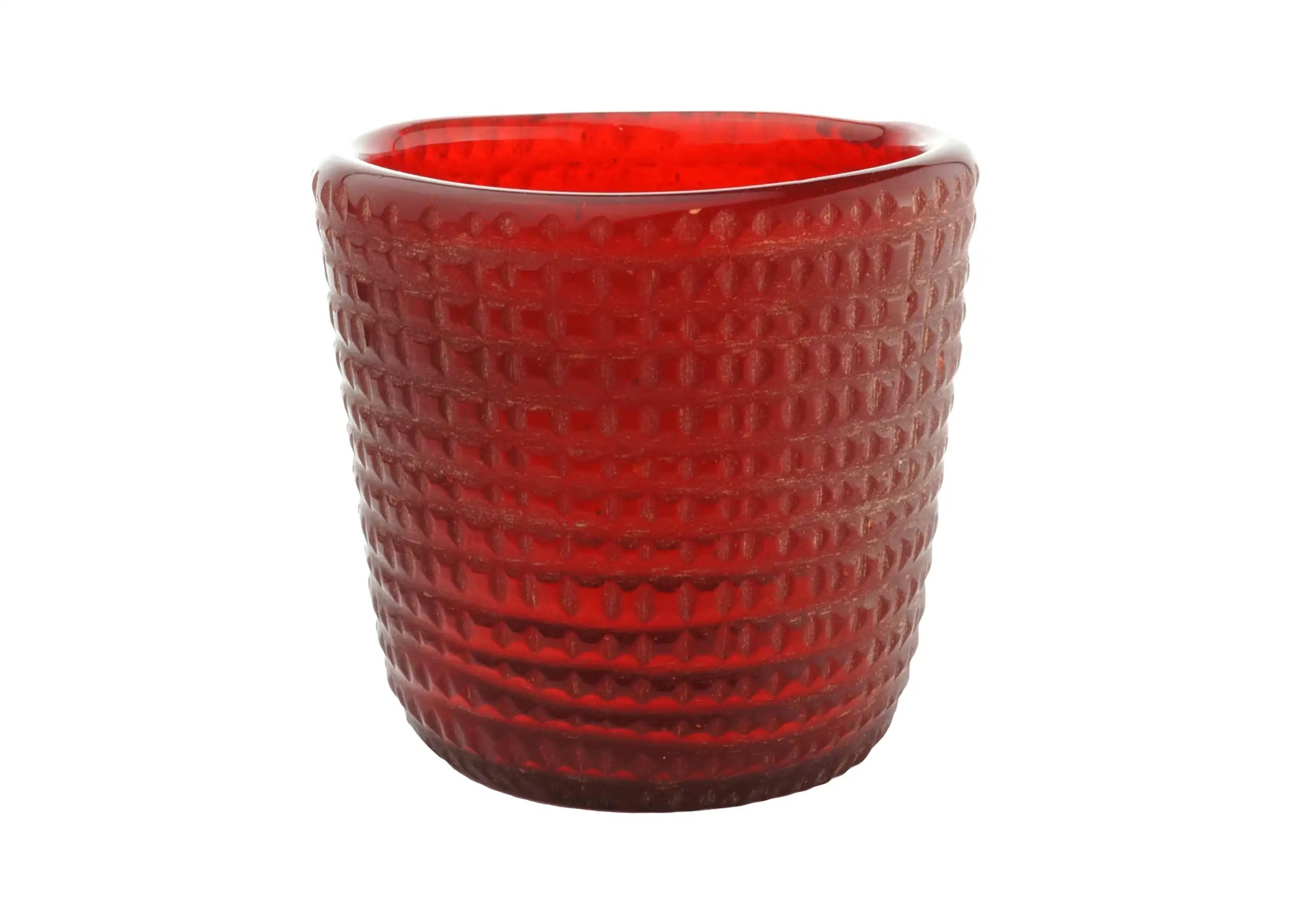 Red glass tealight holder with handcrafted finish, on a cut-out background
