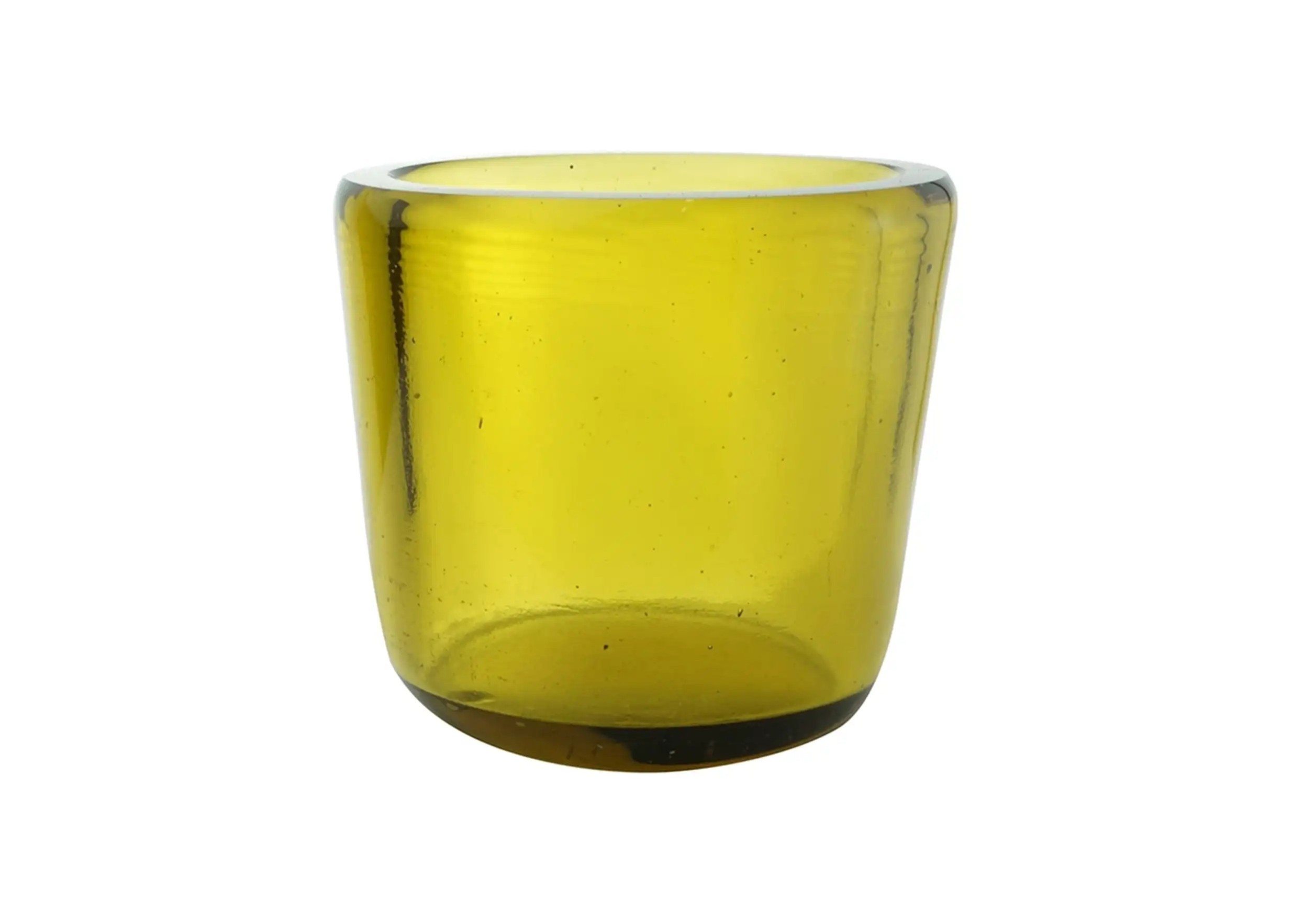 Honey-colored blown glass tea light holder, warm and translucent shade on a white background