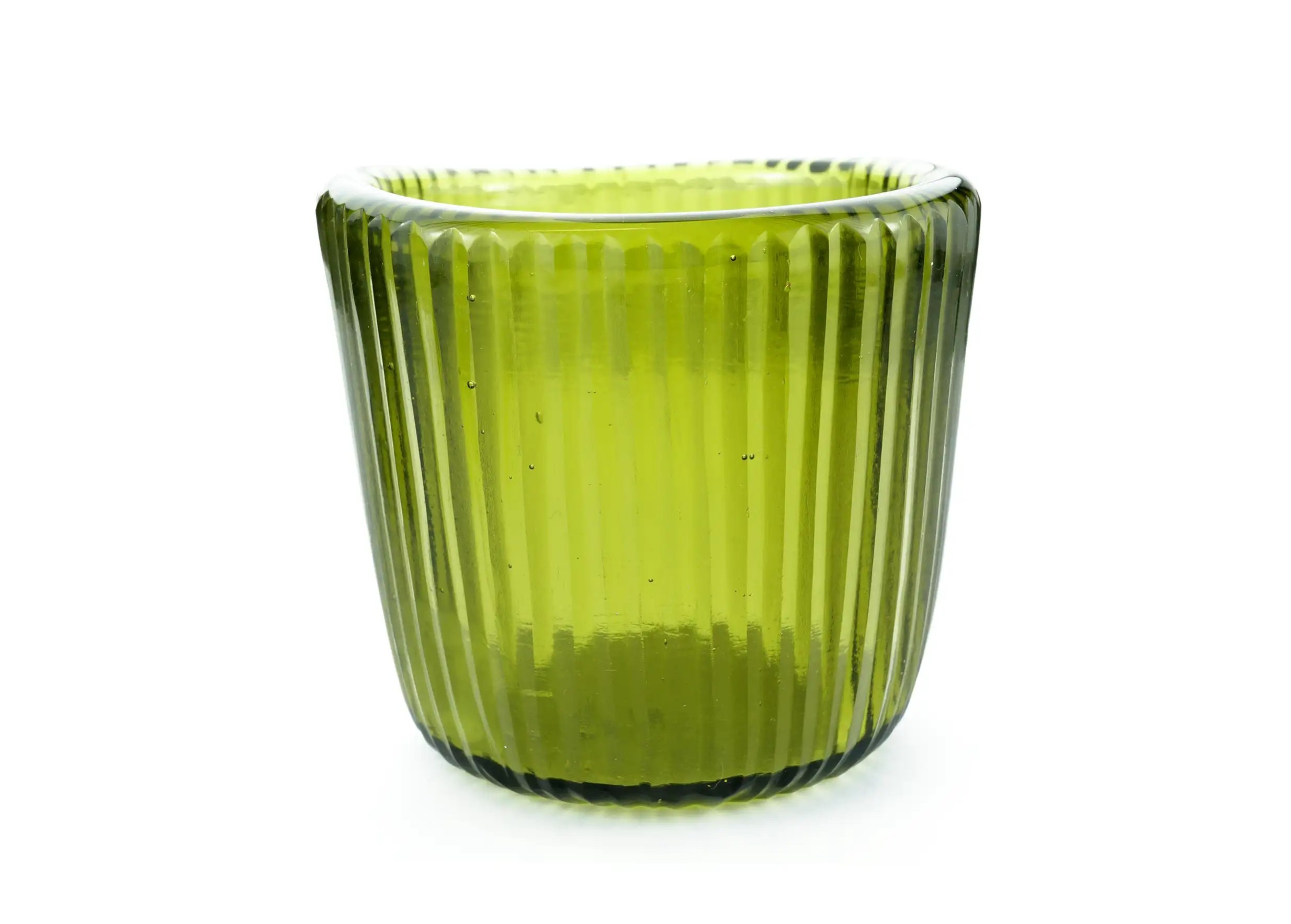Handcrafted cactus-coloured glass candle holder with cut-out background
