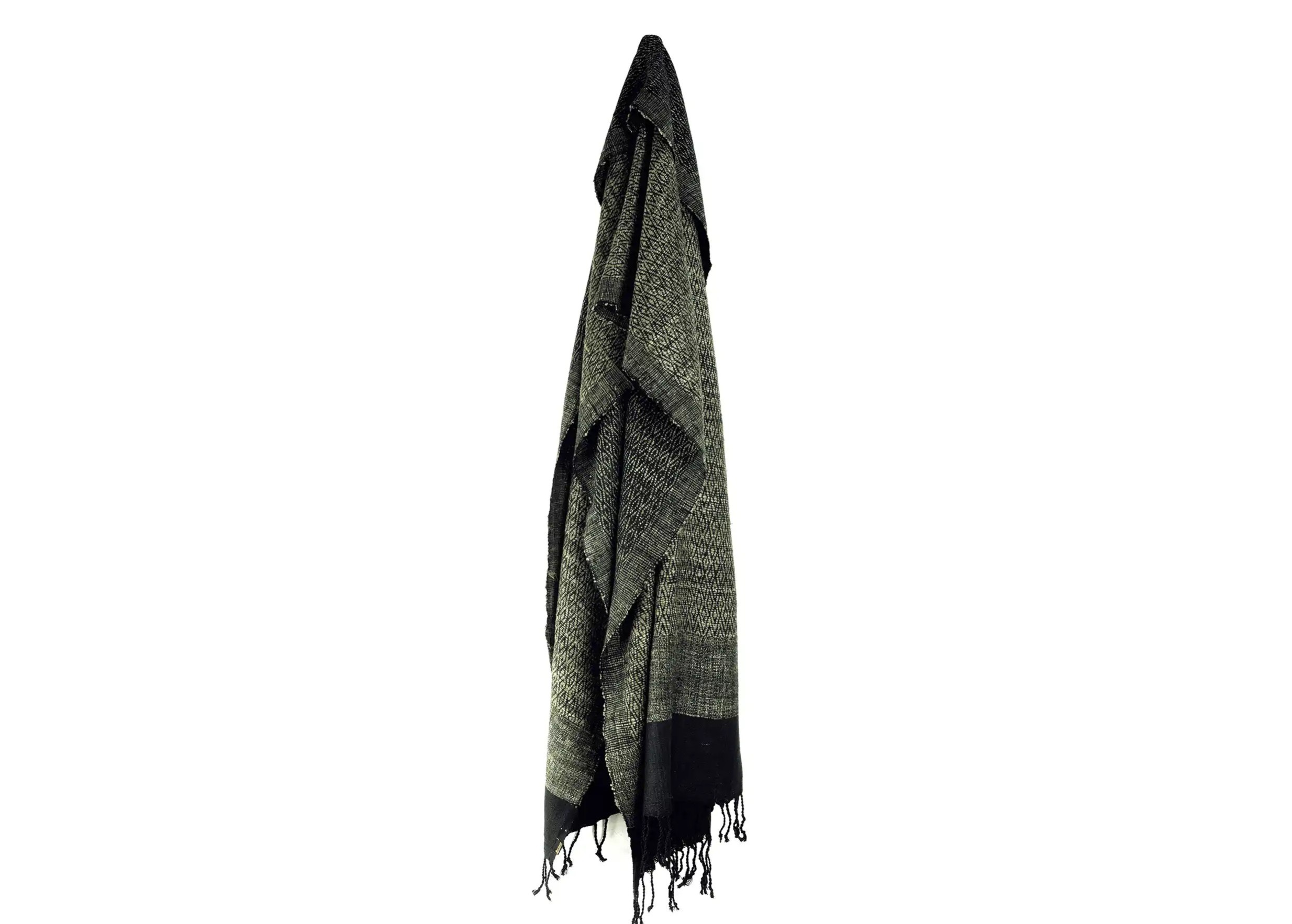 Eri Eshani silk stole in olive hanging, photo taken against a white background