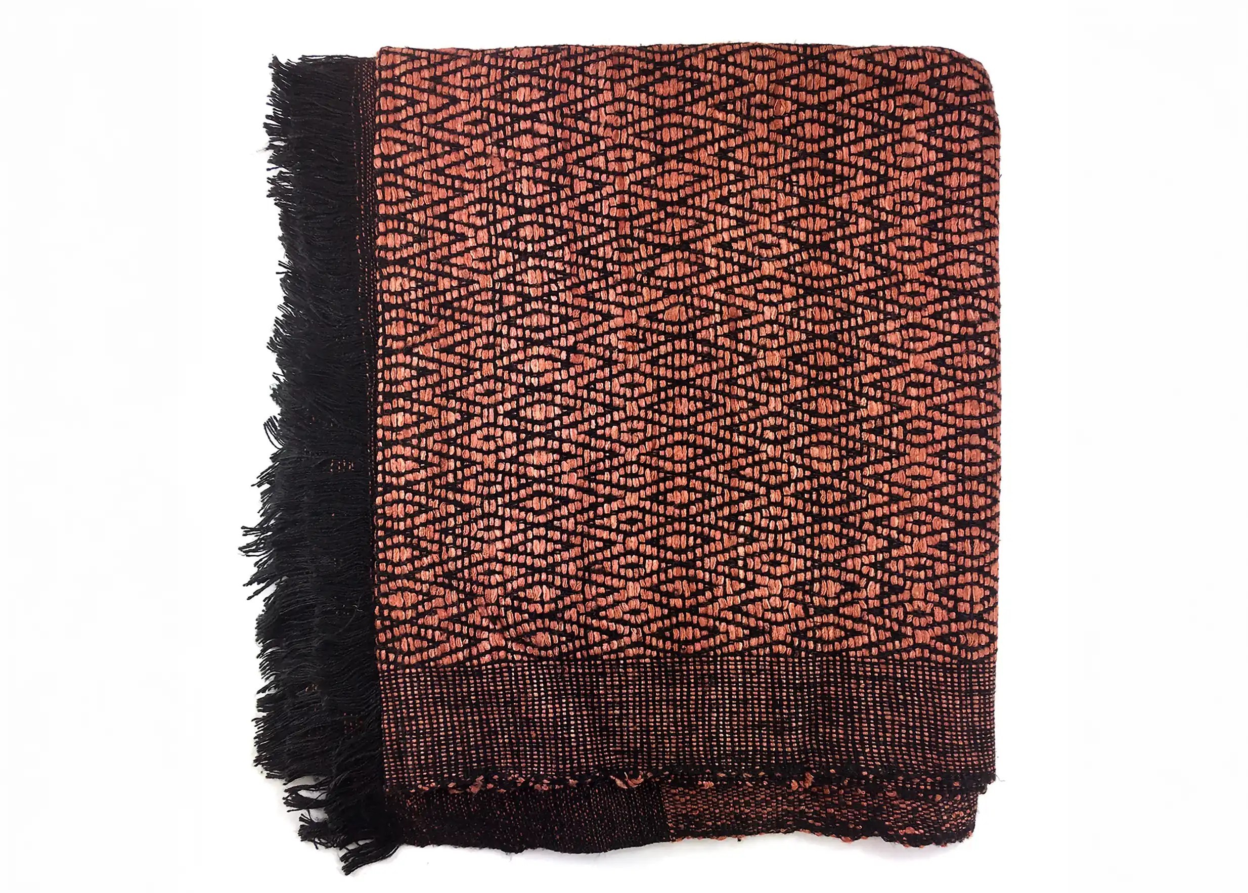 Green stole in clay-coloured Eri silk, Eshani model, folded into a square, with the fringes sticking out.