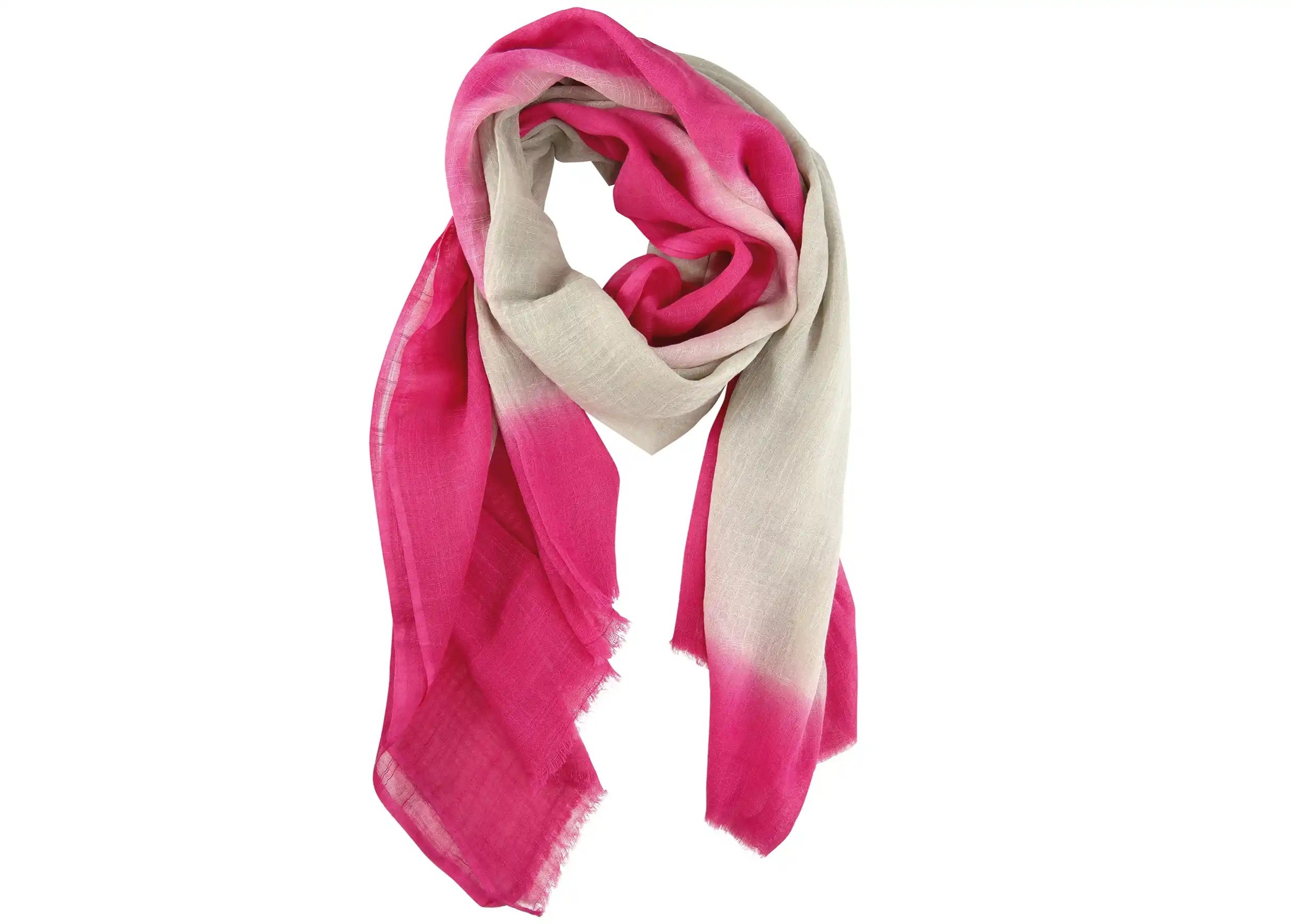 Chèche chic in sand and neon pink cotton, rolled up like a scarf, white background