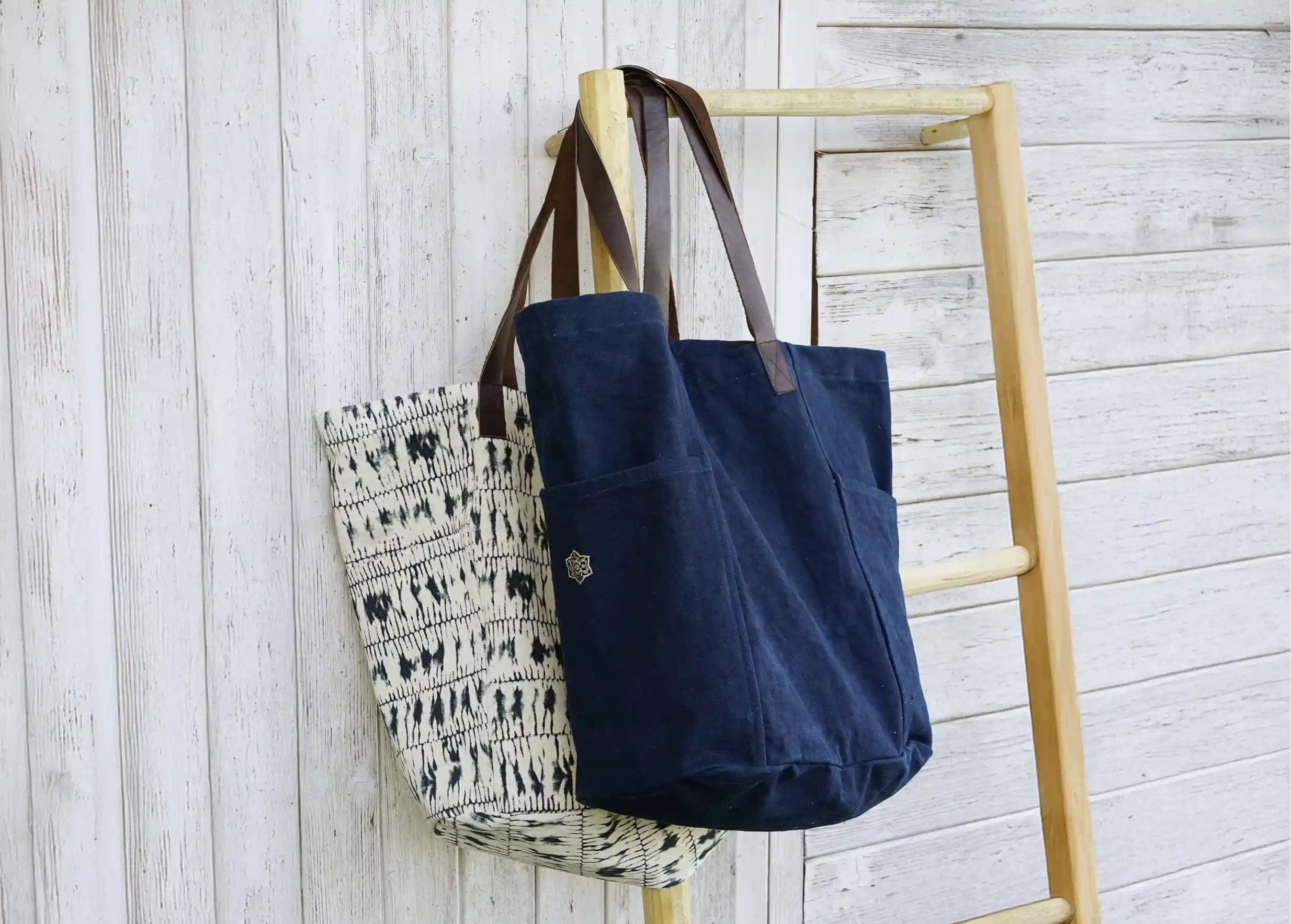2 Shade tote bags in indigo, 1 plain 1 printed, with inside pocket
