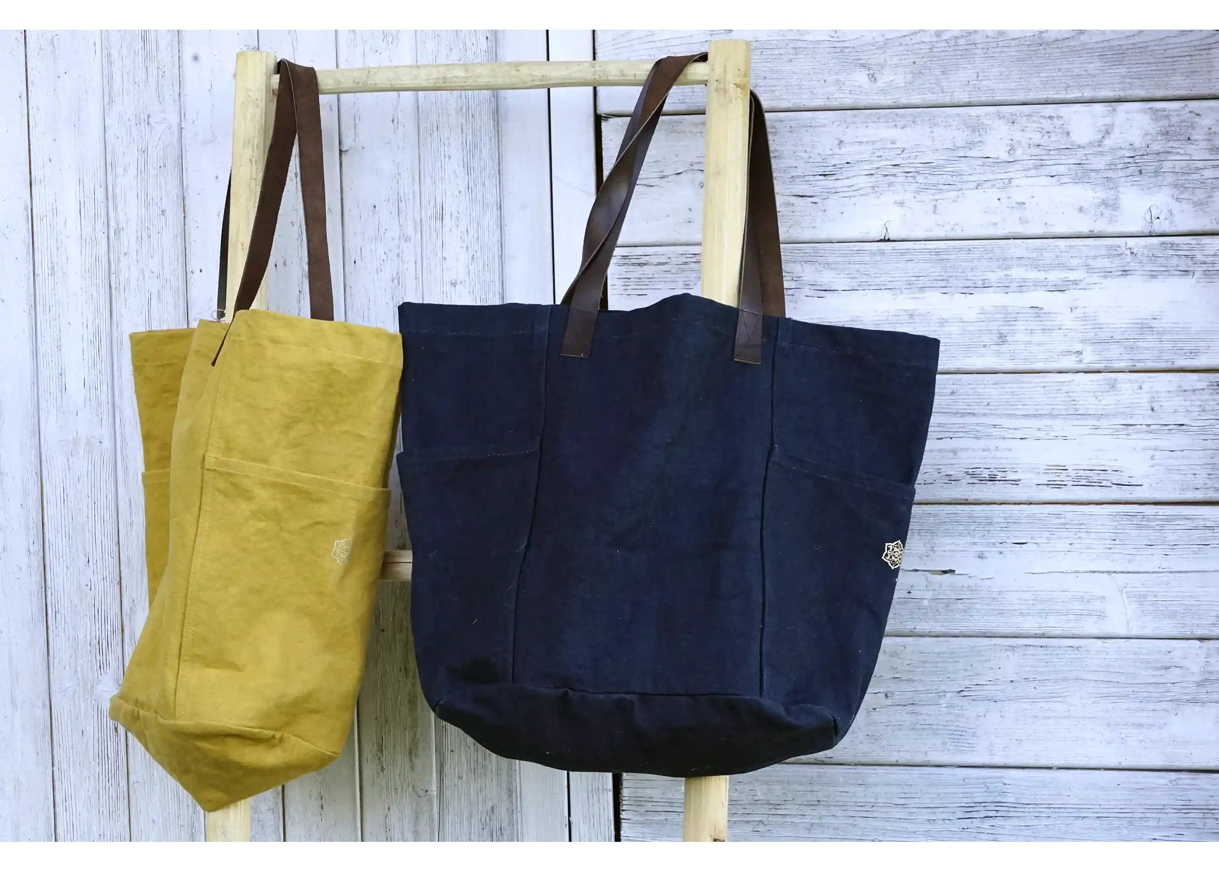 Shade tote bags in indigo and saffron printed cotton canvas, with inside pocket