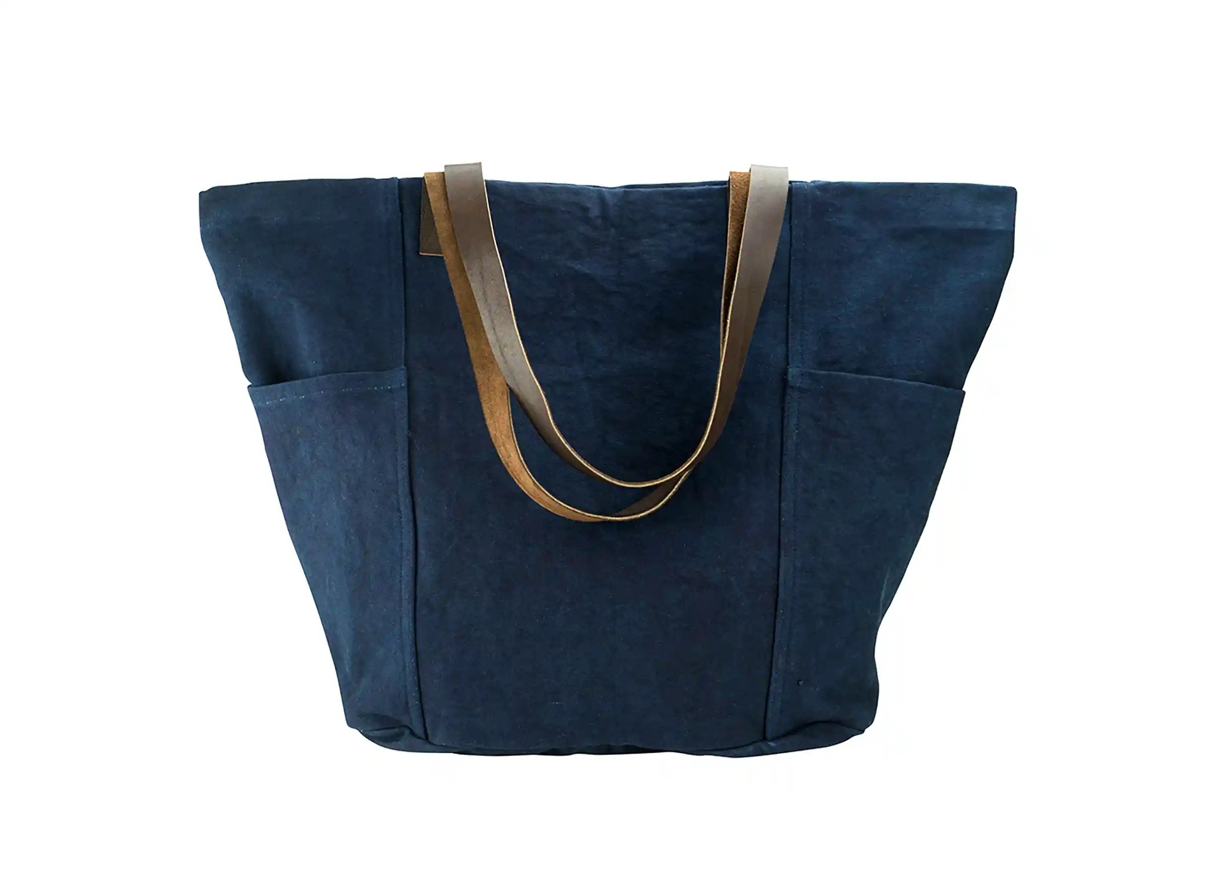 Shade tote bag, cotton and leather handles, plain indigo on white background