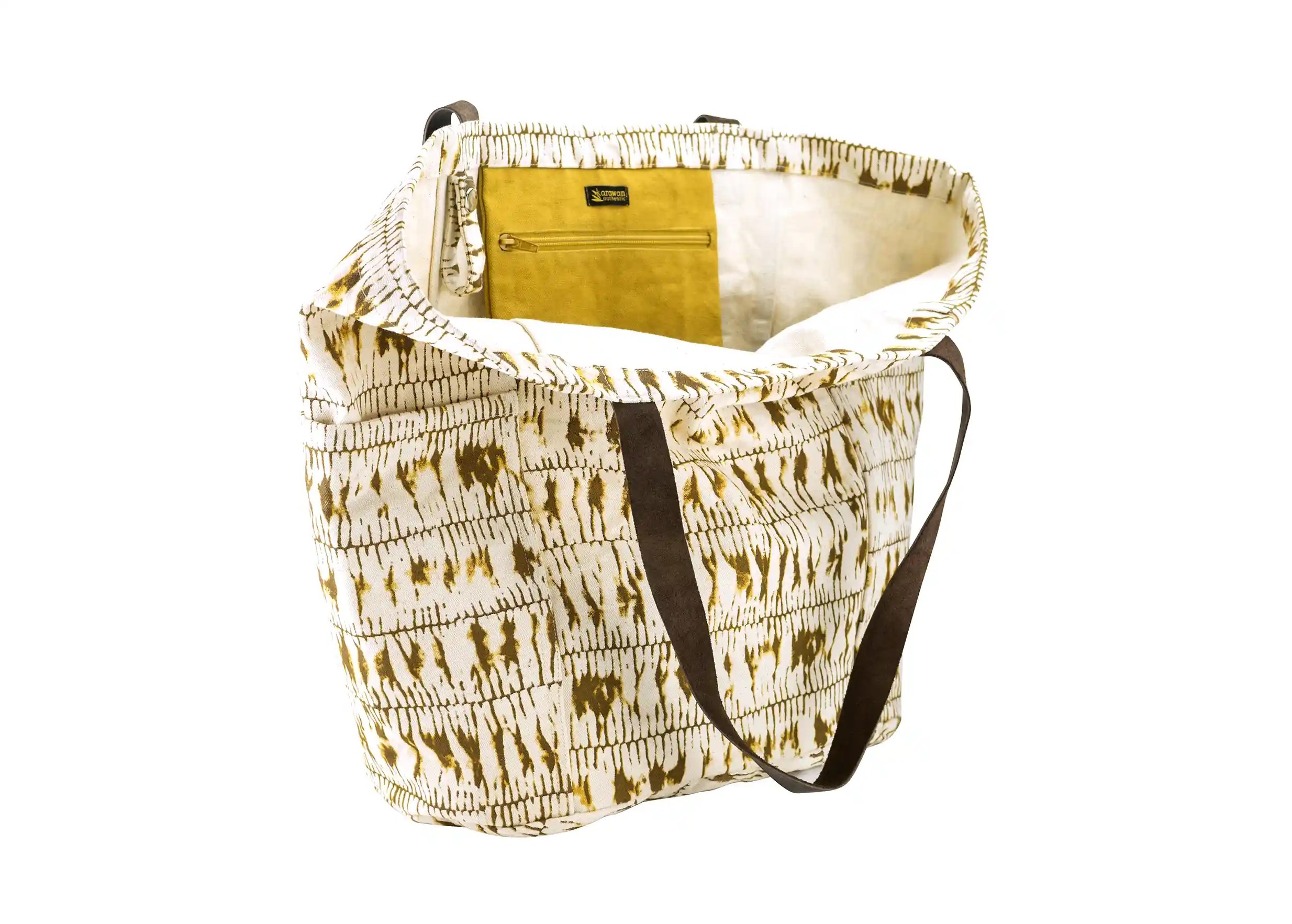 Shade tote bag, cotton and leather handles, saffron print on cut-out background, by Karawan